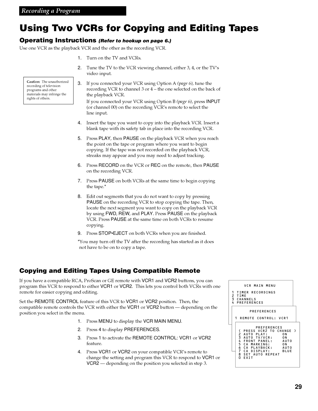 RCA VR642HF manual Using Two VCRs for Copying and Editing Tapes, Copying and Editing Tapes Using Compatible Remote 
