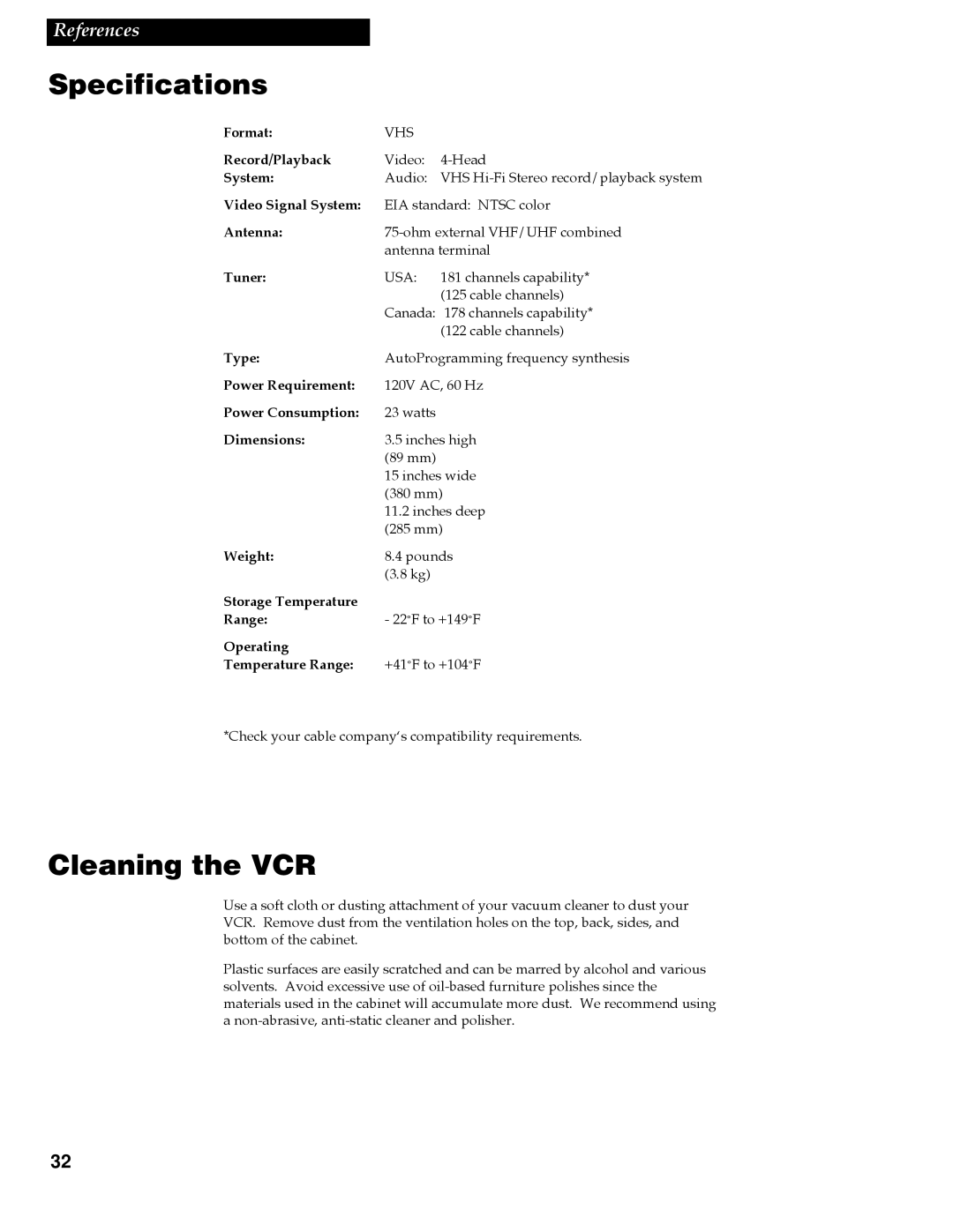 RCA VR642HF manual Specifications, Cleaning the VCR 