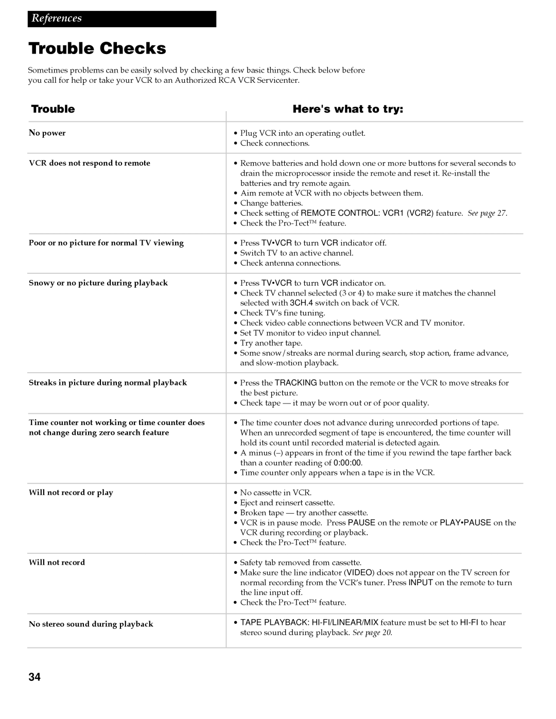 RCA VR642HF manual Trouble Checks, Trouble Heres what to try 