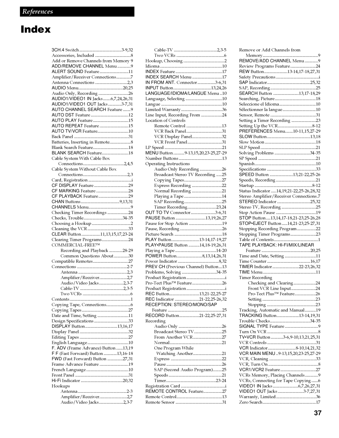 RCA VR642HF manual Index, ADD/REMOVE Channel Menu 