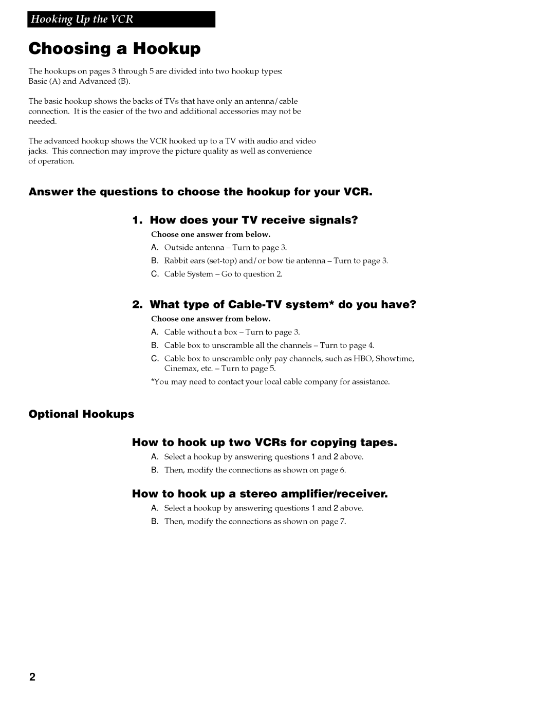 RCA VR642HF Choosing a Hookup, What type of Cable-TV system* do you have?, How to hook up a stereo amplifier/receiver 