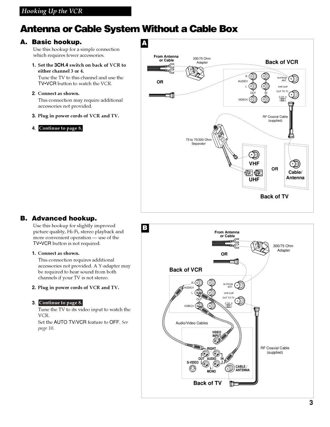 RCA VR642HF manual Antenna or Cable System Without a Cable Box, Basic hookup, Advanced hookup 