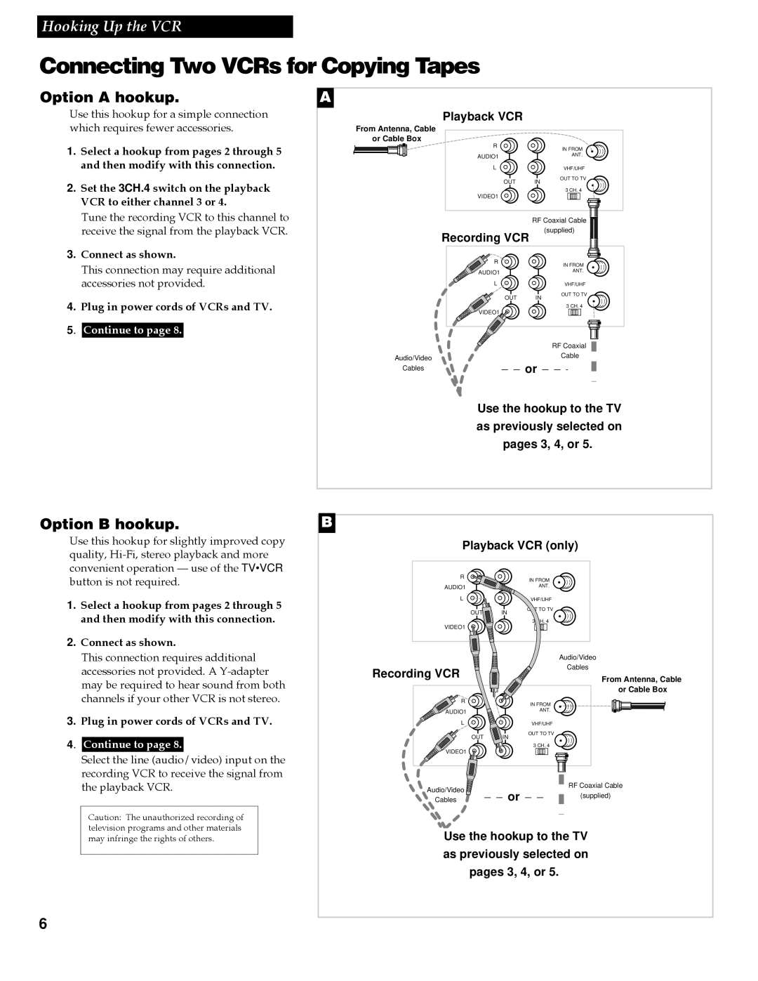 RCA VR642HF manual Connecting Two VCRs for Copying Tapes, Option a hookup, Option B hookup 