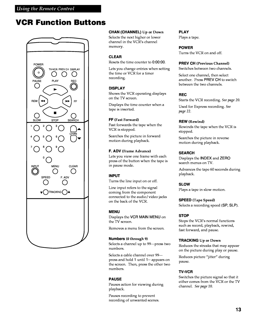 RCA VR642HF manual VCR Function Buttons, Using the Remote Control 