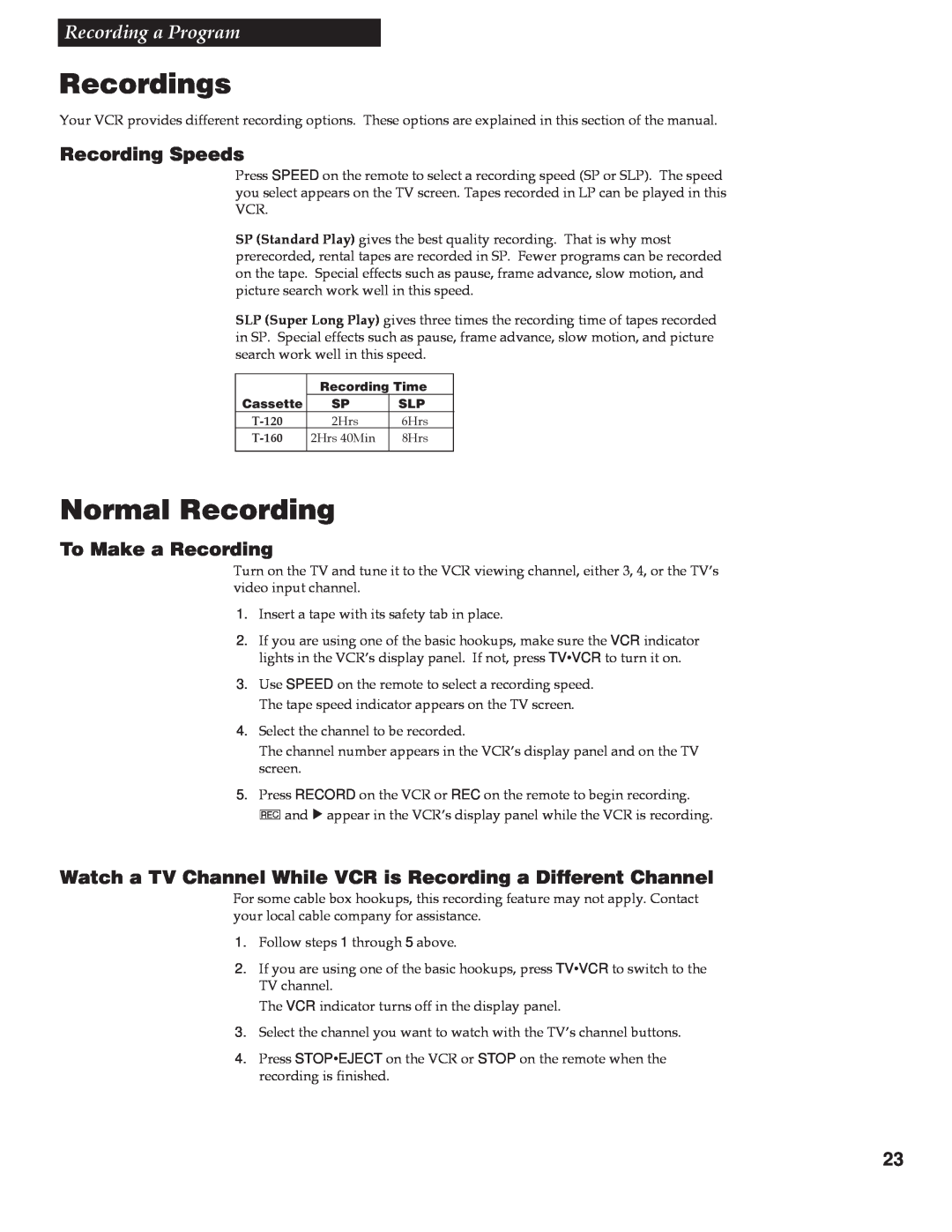 RCA VR642HF manual Recordings, Normal Recording, Recording a Program, Recording Speeds, To Make a Recording 