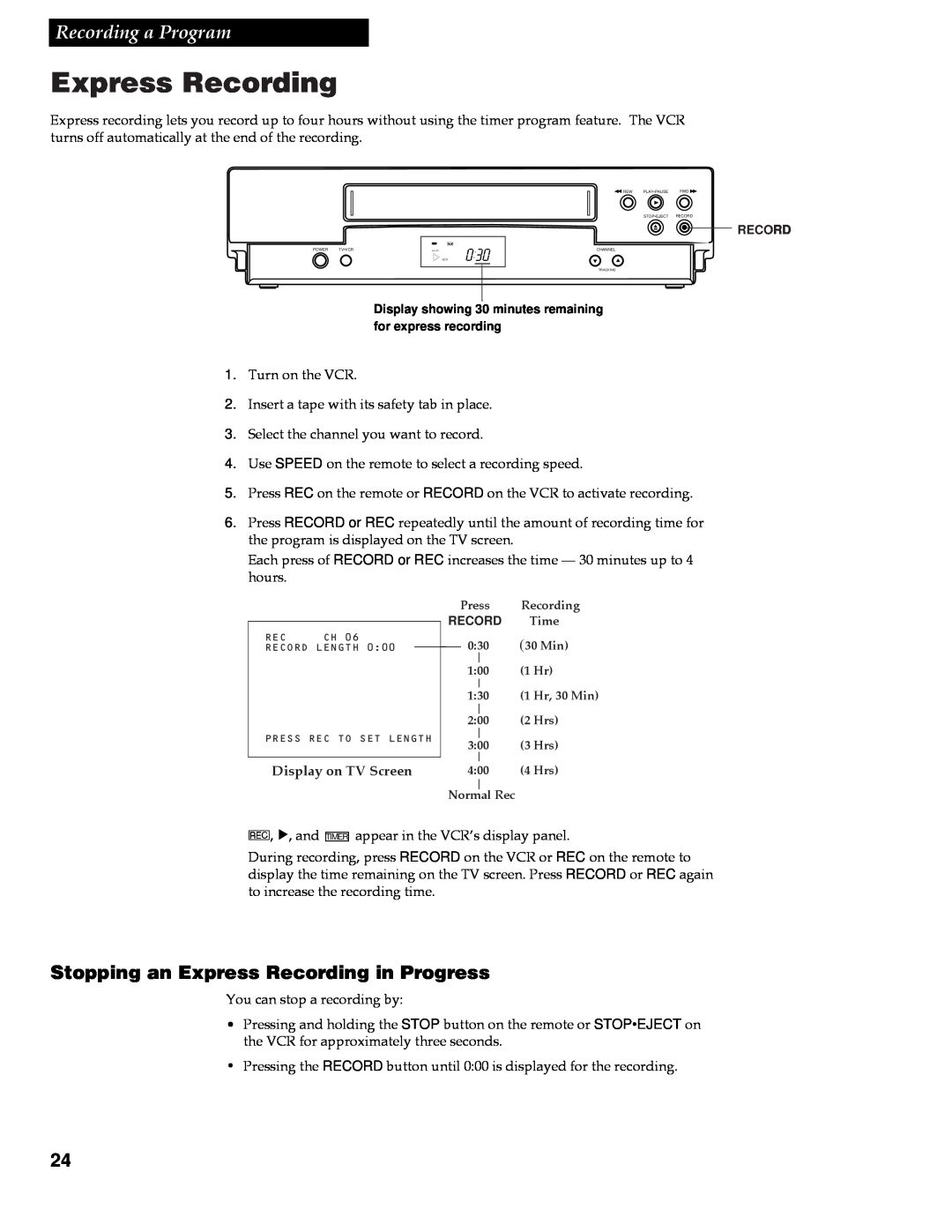RCA VR642HF manual Stopping an Express Recording in Progress, Recording a Program 