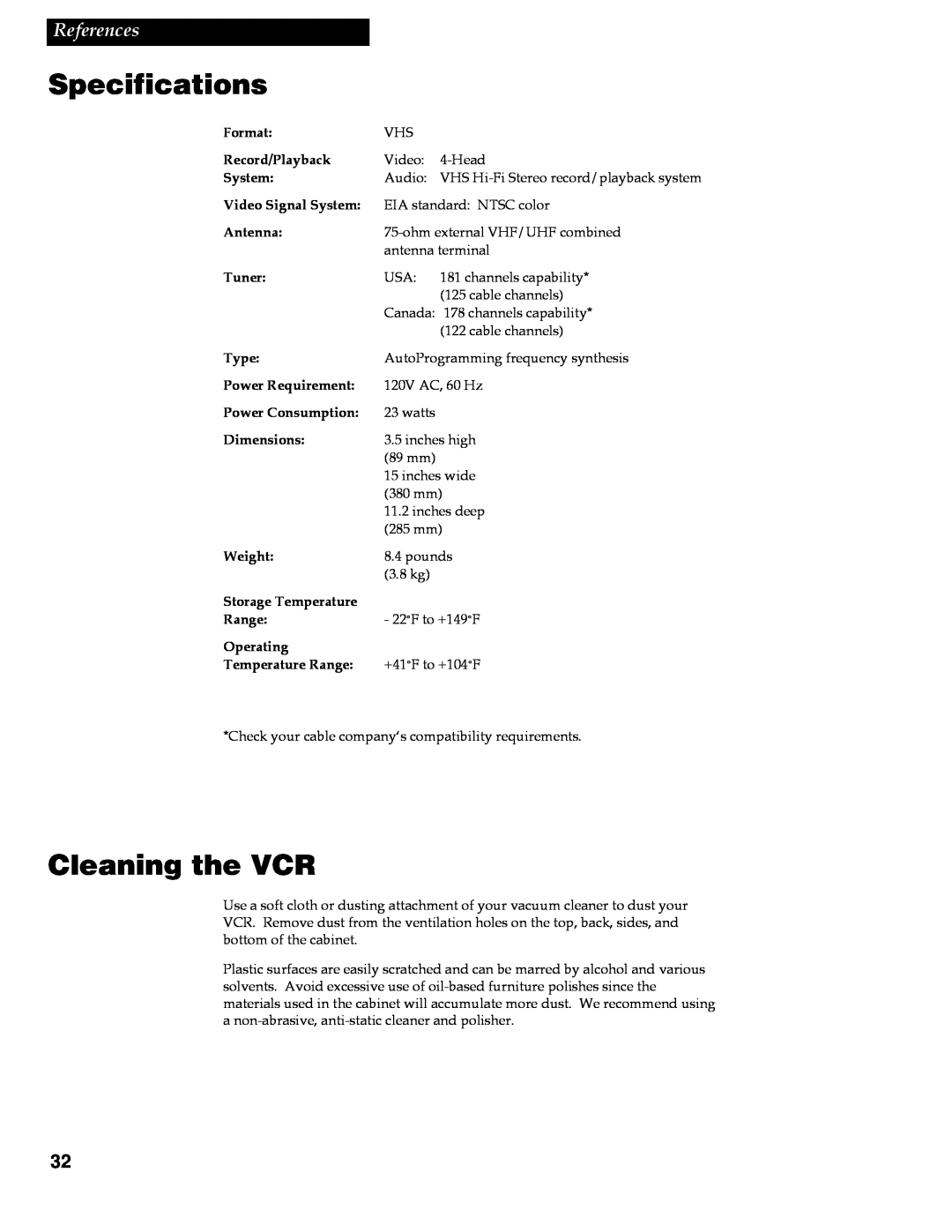 RCA VR642HF manual Specifications, Cleaning the VCR, References 