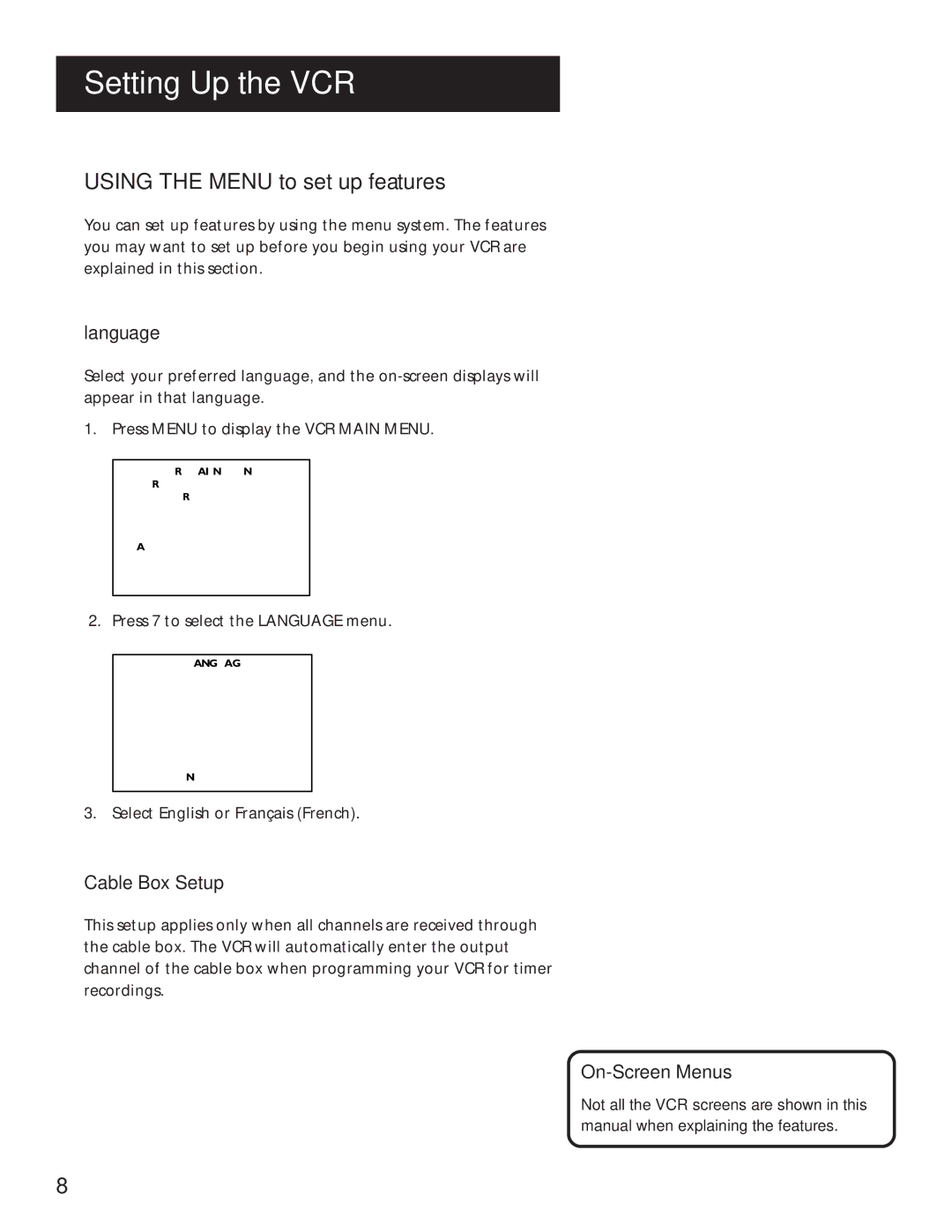 RCA VR643HF manual Using the Menu to SET UP Features, Language, Cable BOX Setup, On-Screen Menus 