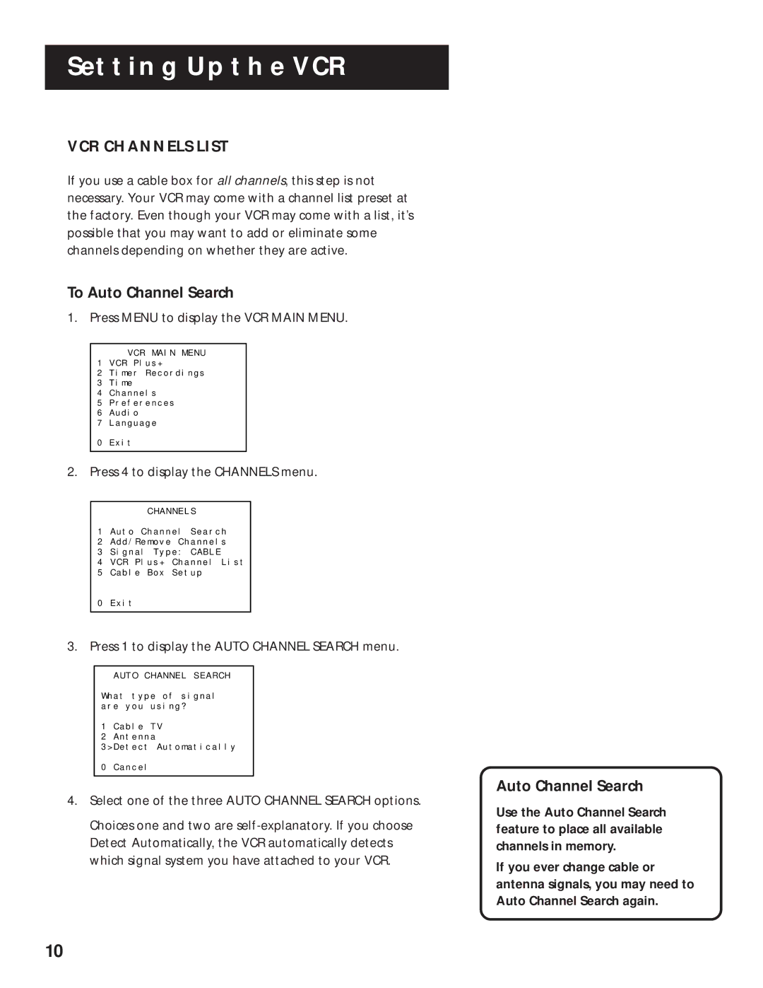 RCA VR643HF manual VCR Channels List, To Auto Channel Search, Press 1 to display the Auto Channel Search menu 