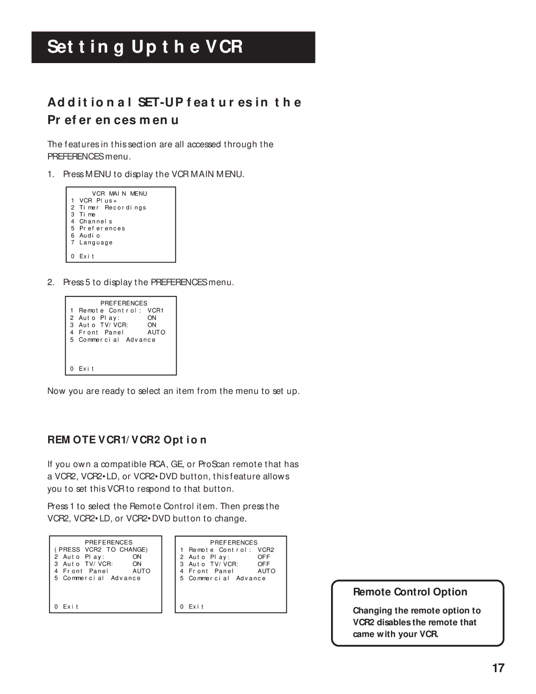 RCA VR643HF manual Additional SET-UP Features Preferences Menu, Remote VCR1/VCR2 Option, Remote Control Option 