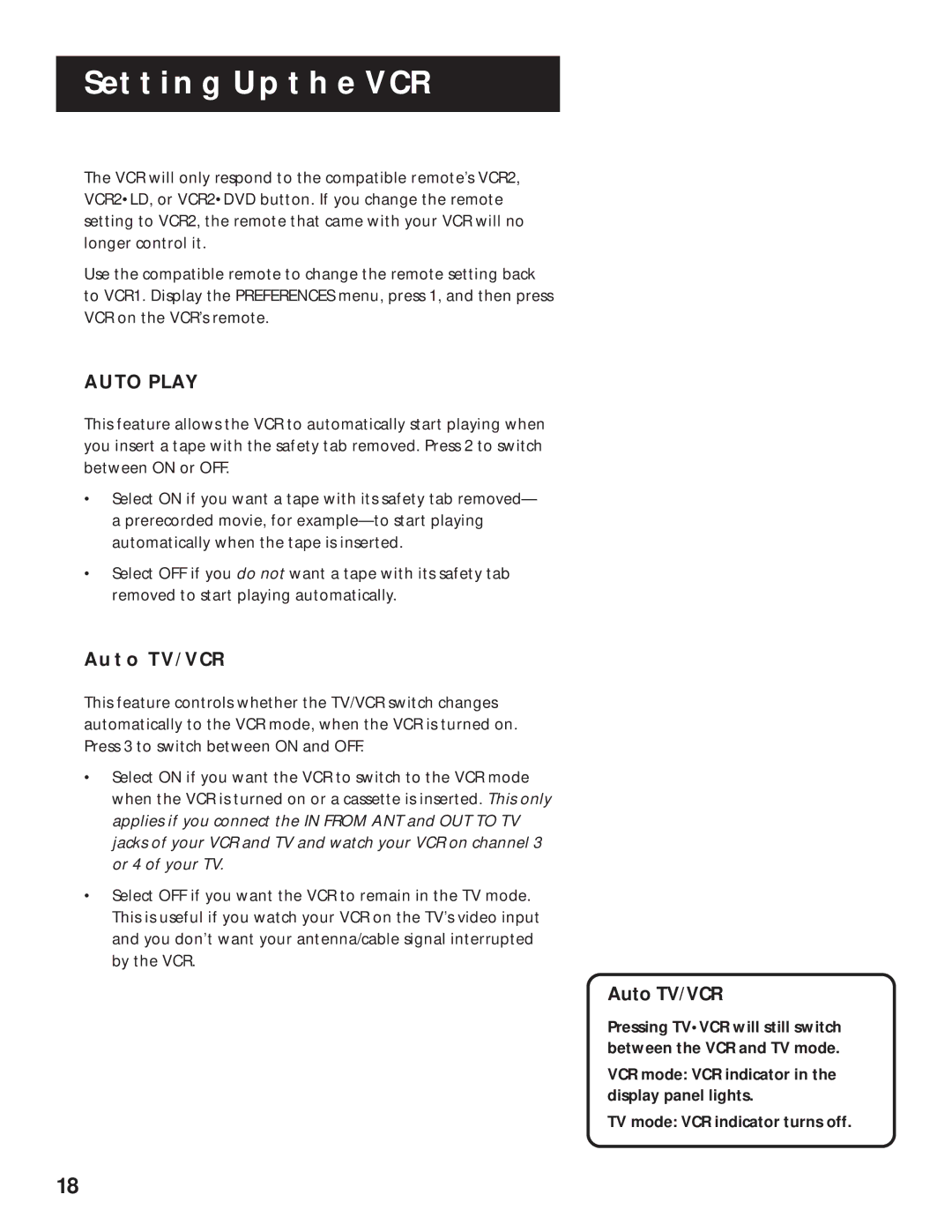 RCA VR643HF manual Auto Play, Auto TV/VCR 