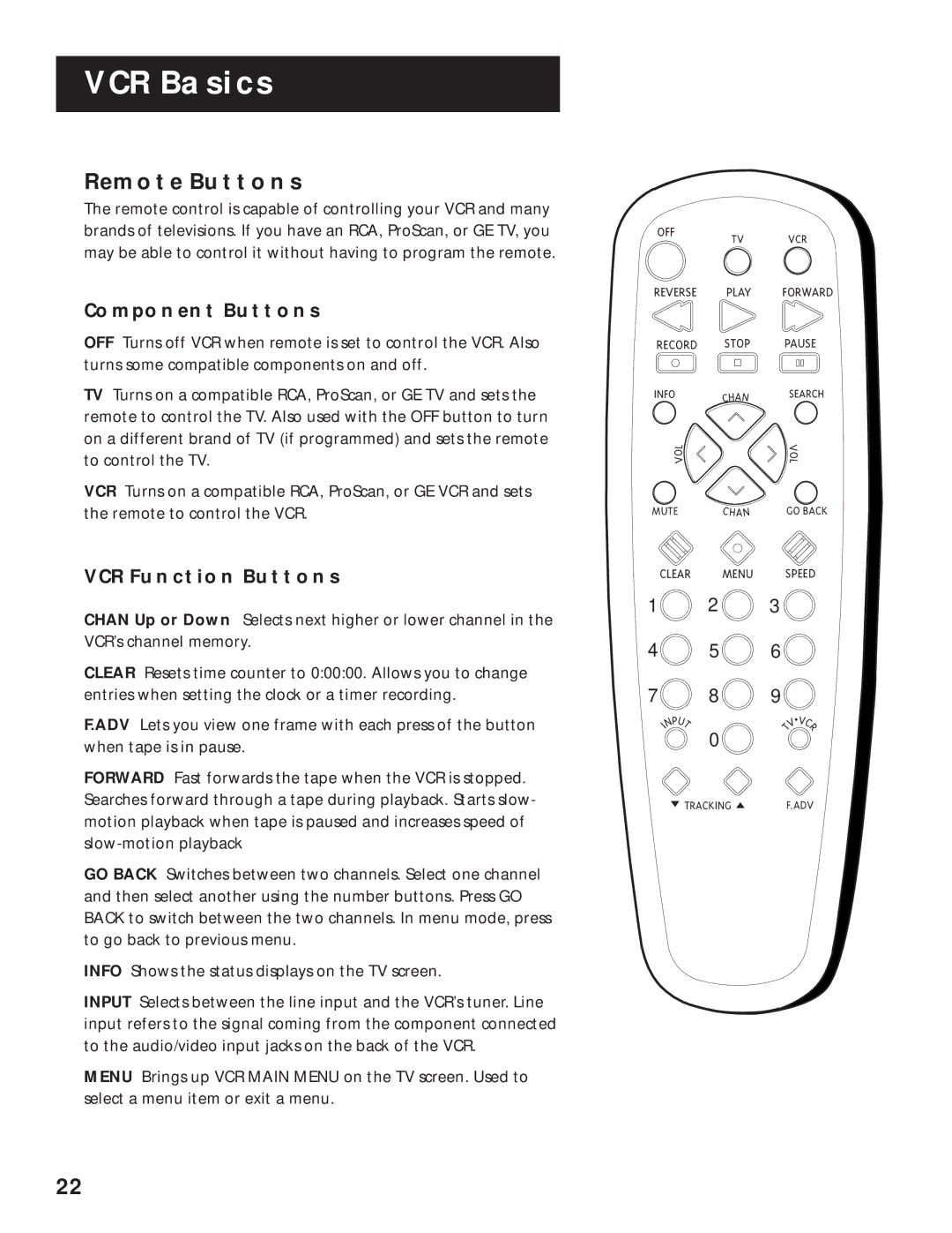 RCA VR643HF manual Remote Buttons, Component Buttons, VCR Function Buttons 