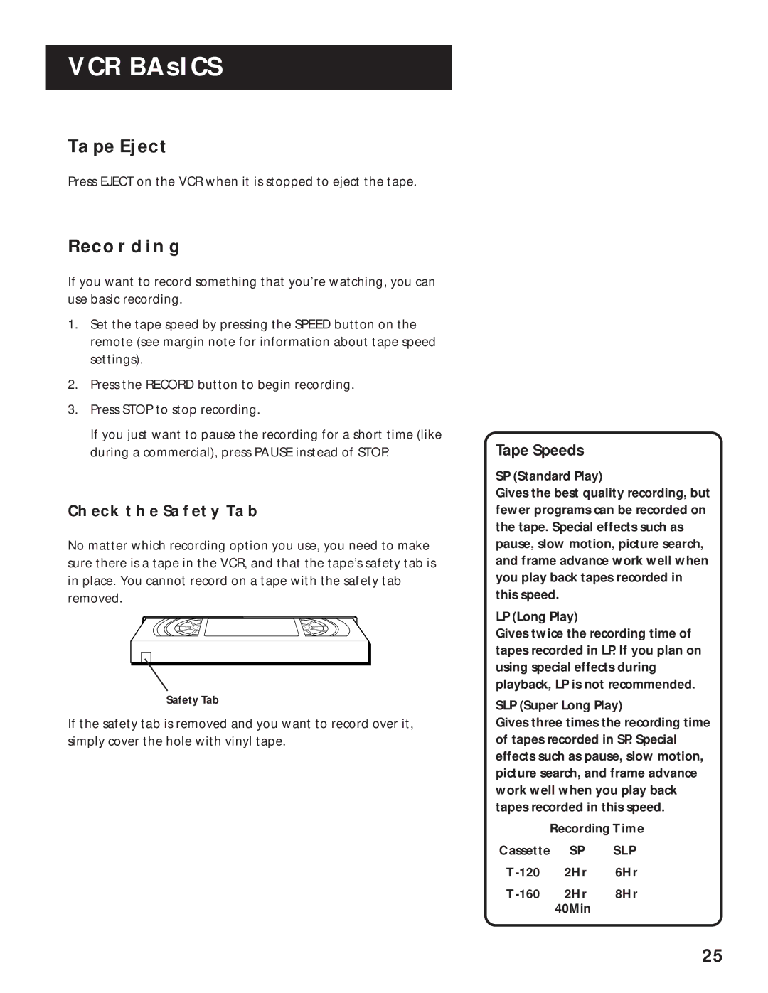 RCA VR643HF manual Tape Eject, Recording, Check the Safety TAB, Tape Speeds 
