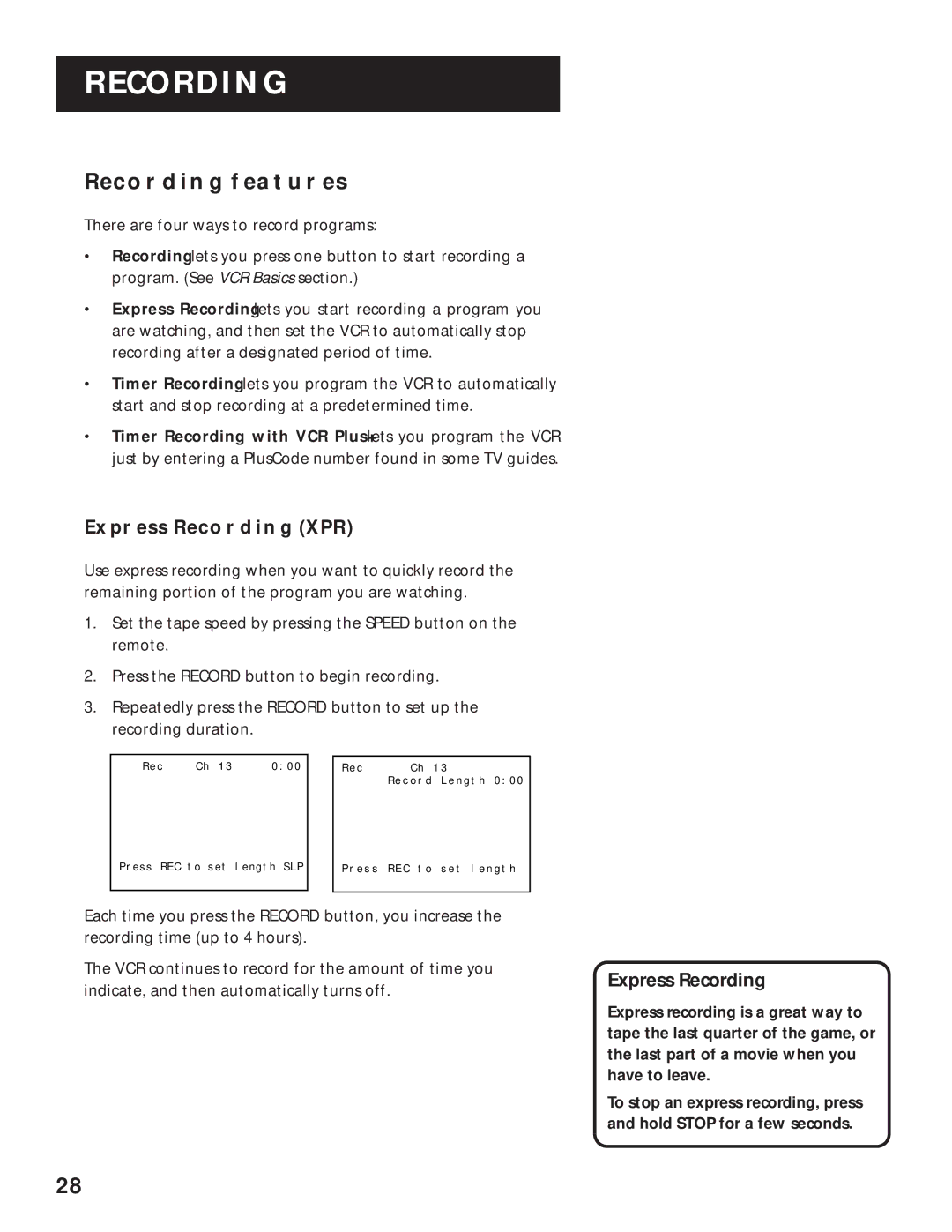 RCA VR643HF manual Recording Features, Express Recording XPR 