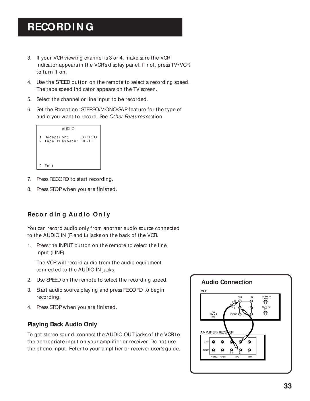 RCA VR643HF manual Recording Audio only, Playing Back Audio Only, Audio Connection 