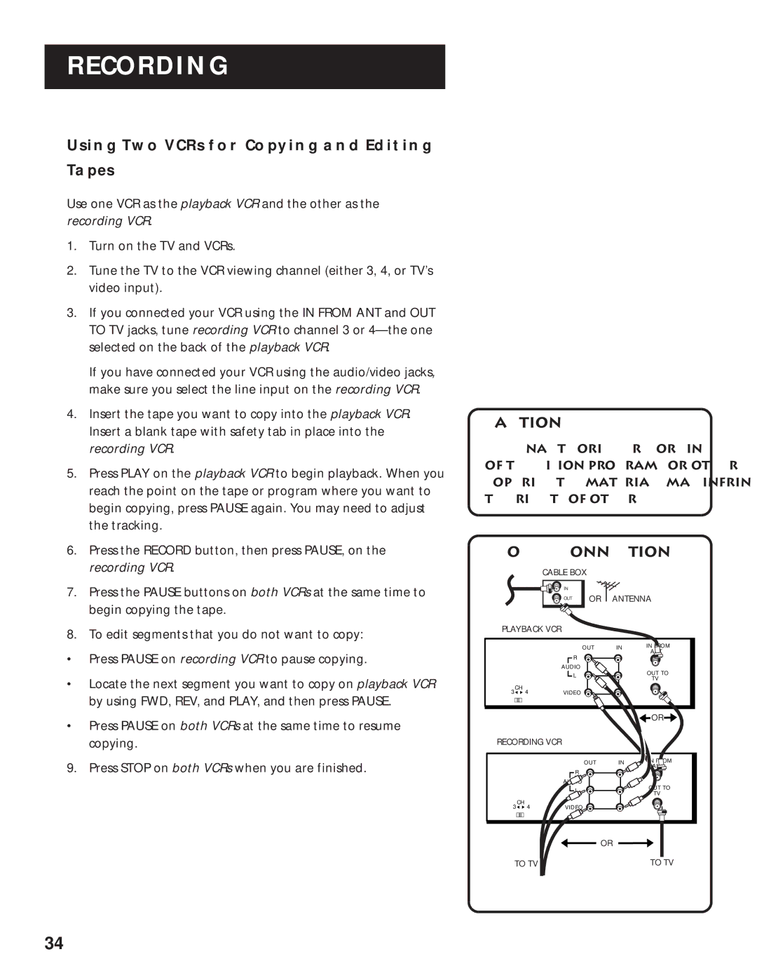 RCA VR643HF manual Using TWO Vcrs for Copying and Editing Tapes, Two VCR Connection 