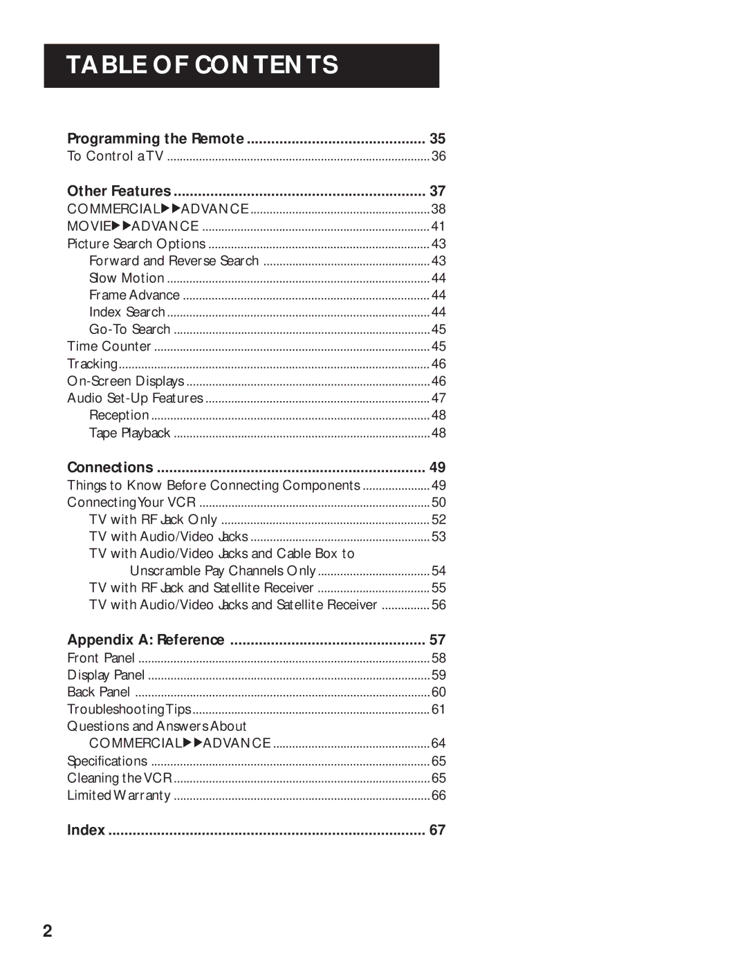 RCA VR643HF manual Programming the Remote, Other Features, Connections, Appendix a Reference, Index 