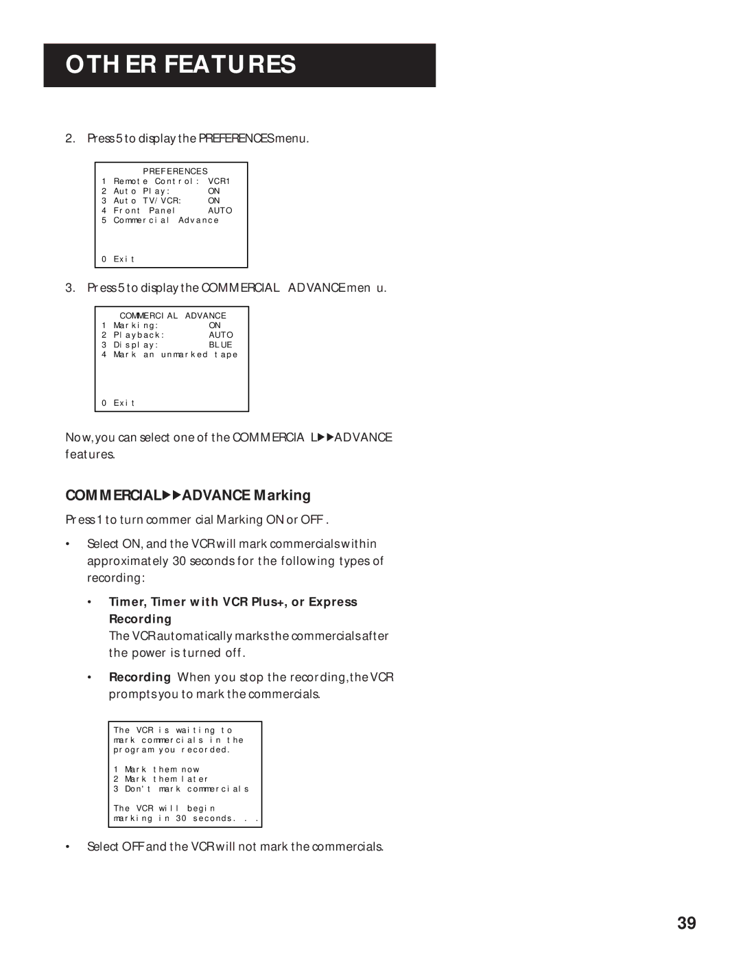 RCA VR643HF manual Commercial Advance Marking, Press 5 to display the Commercial Advance men u 