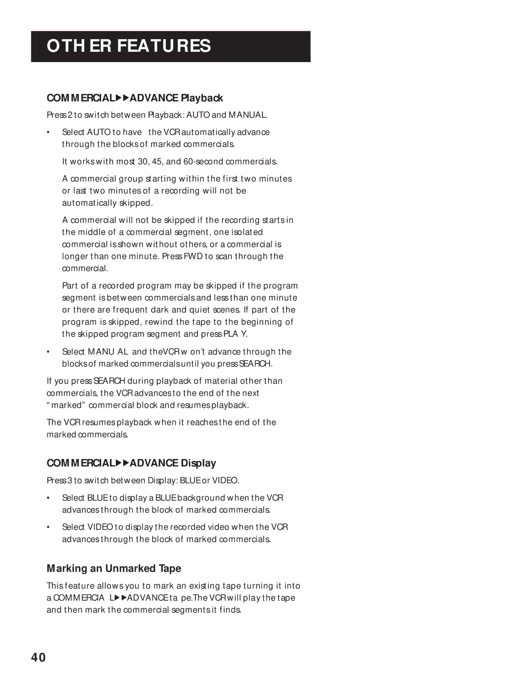 RCA VR643HF manual Commercial Advance Playback, Commercial Advance Display, Marking an Unmarked Tape 