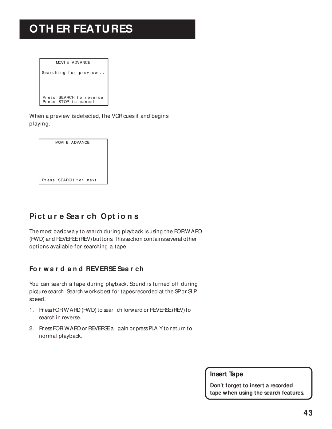 RCA VR643HF manual Picture Search Options, Forward and Reverse Search, Insert Tape 