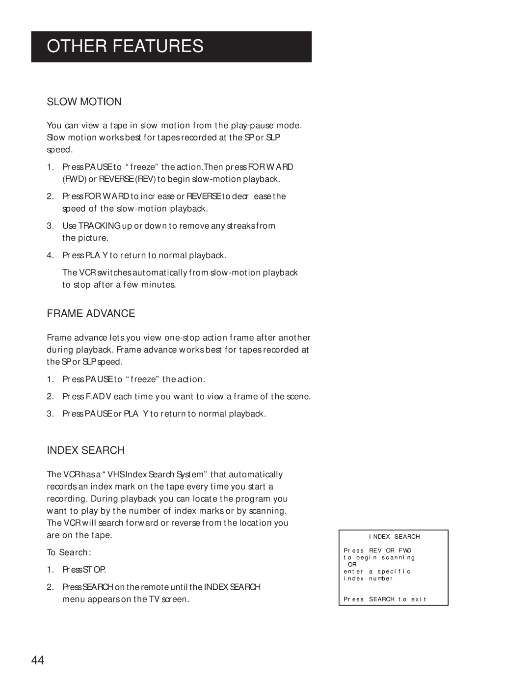 RCA VR643HF manual Slow Motion, Frame Advance, Index Search, To Search 