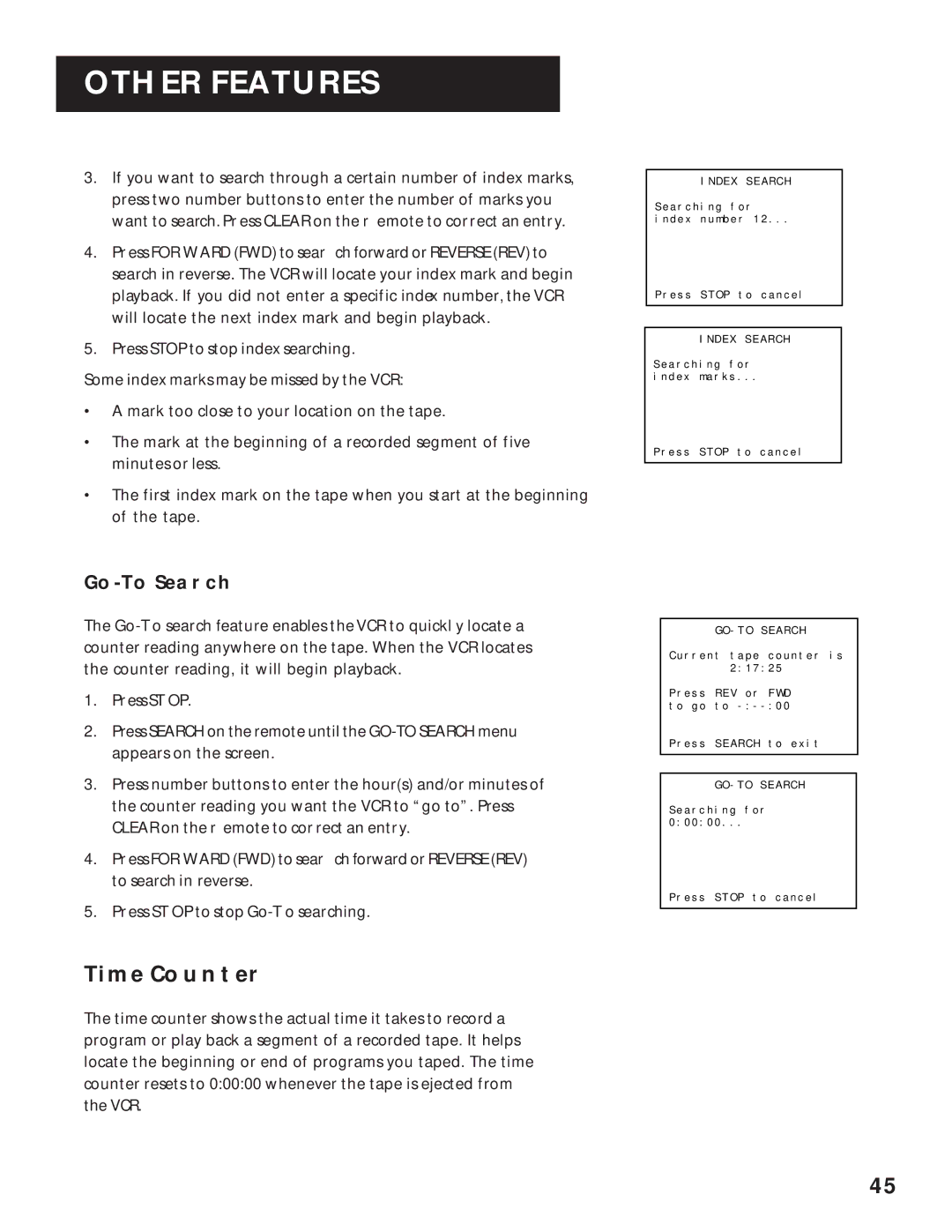 RCA VR643HF manual Time Counter, GO-TO Search 