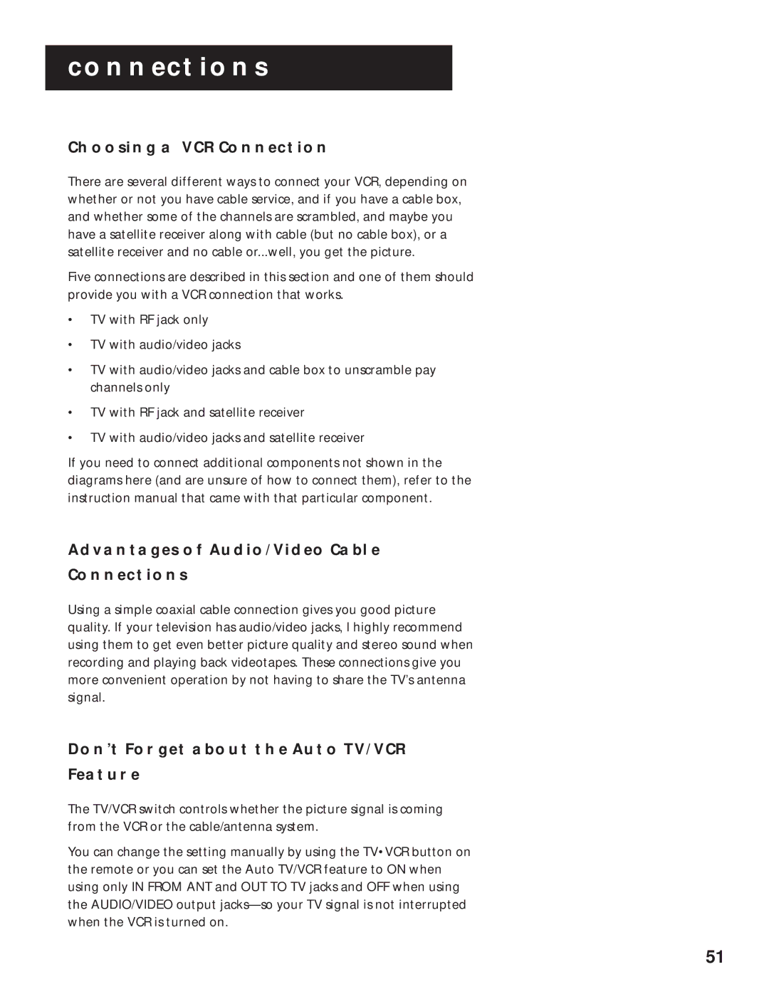 RCA VR643HF manual Choosing a VCR Connection, Advantages of AUDIO/VIDEO Cable Connections 