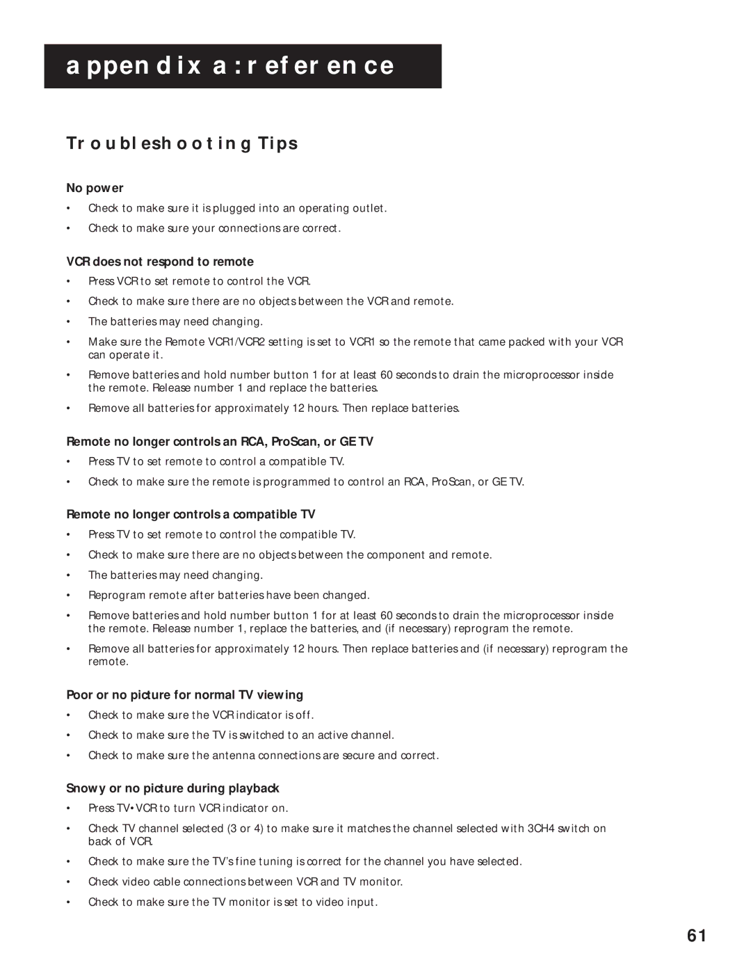 RCA VR643HF manual Troubleshooting Tips 