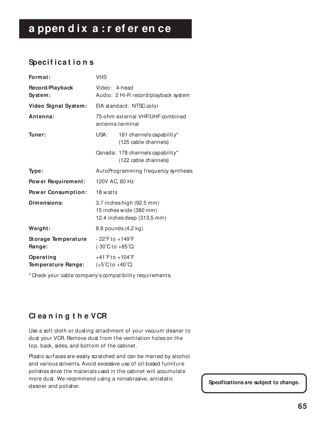 RCA VR643HF manual Specifications, Cleaning the VCR 