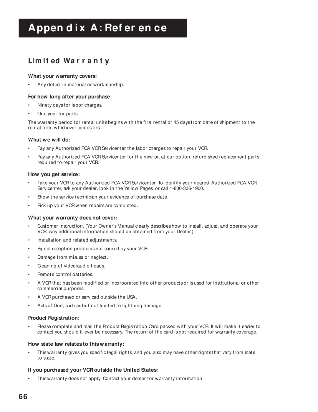 RCA VR643HF manual Appeind Ndix a Reference, Limited Warranty 