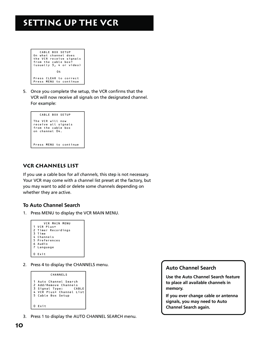 RCA VR646HF manual VCR Channels List, To Auto Channel Search, Press 1 to display the Auto Channel Search menu 