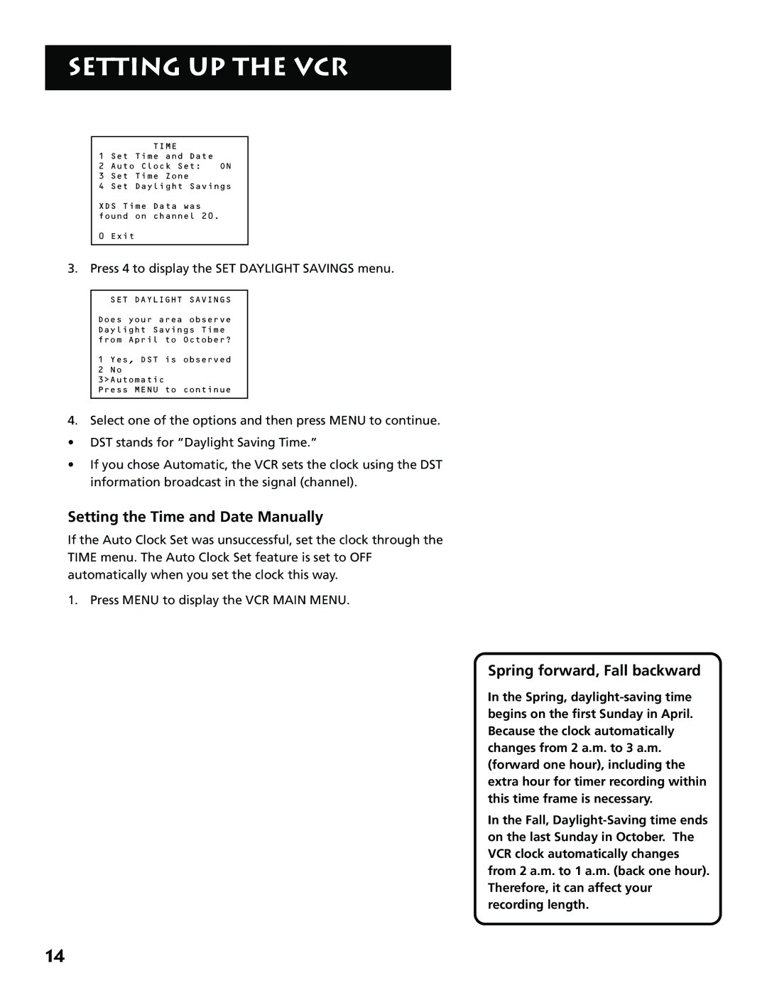 RCA VR646HF manual Setting the Time and Date Manually, Spring forward, Fall backward 