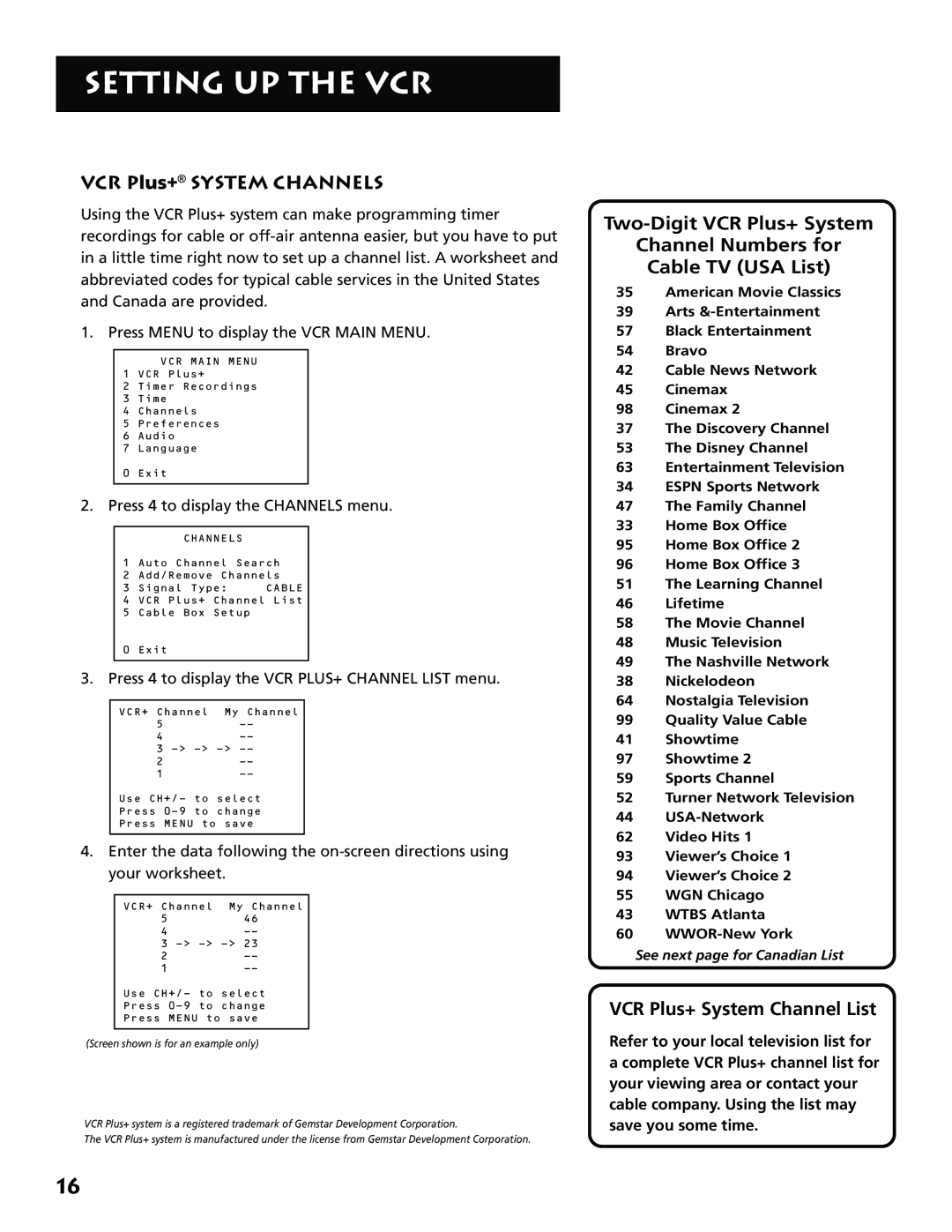 RCA VR646HF VCR Plus+ System Channels, VCR Plus+ System Channel List, Press 4 to display the VCR PLUS+ Channel List menu 