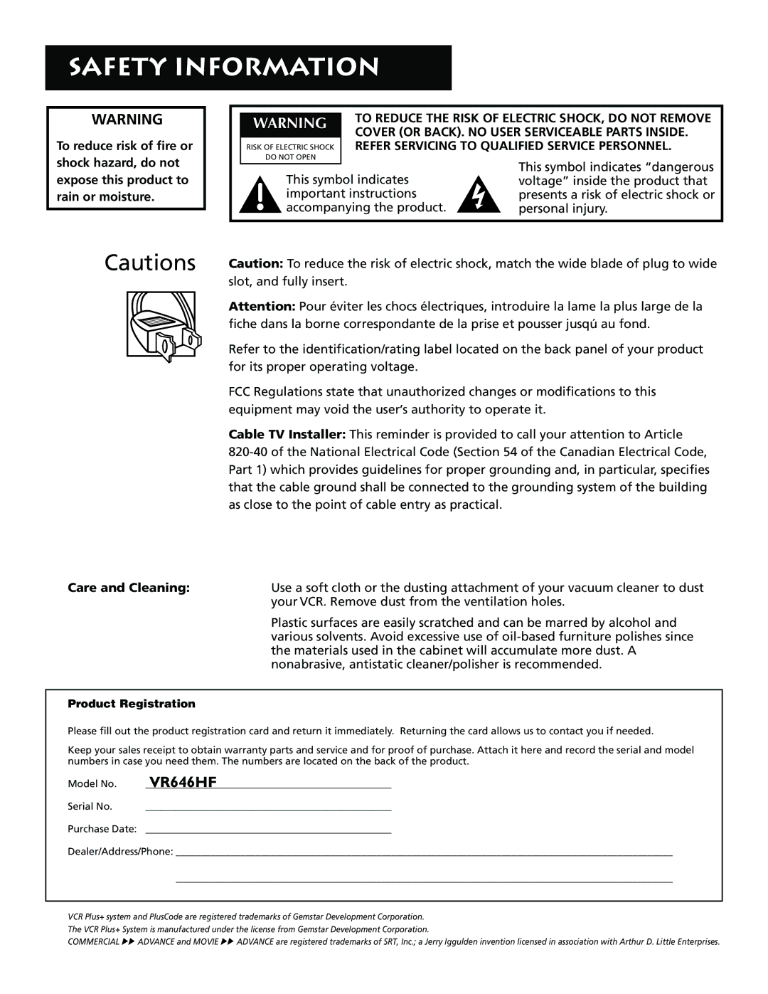 RCA VR646HF manual Safety Information, This symbol indicates dangerous, Voltage inside the product that 