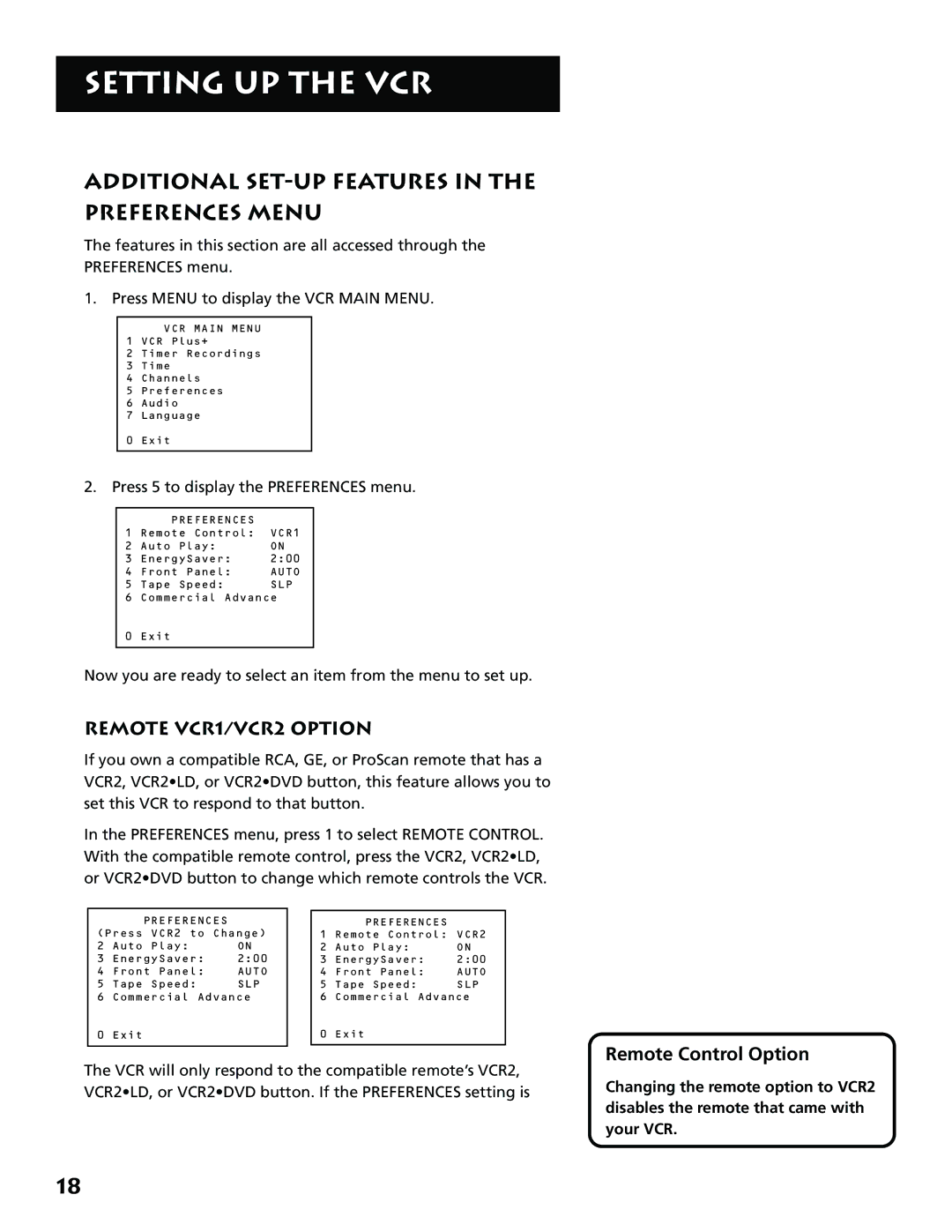 RCA VR646HF manual Preferences 