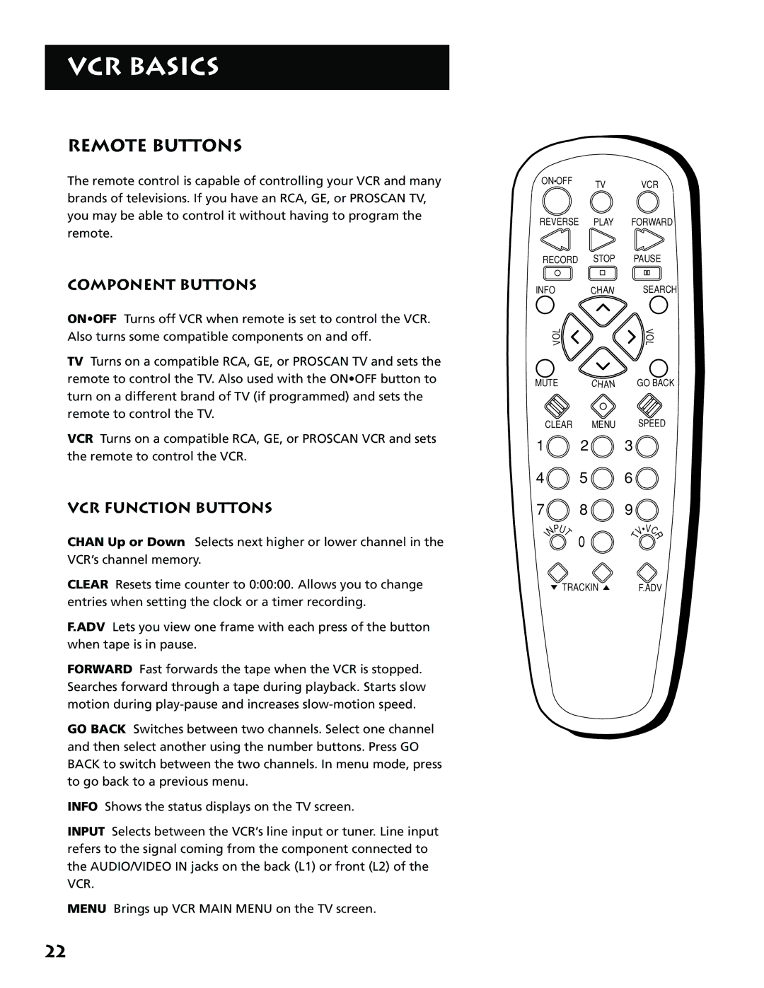 RCA VR646HF manual Remote Buttons, Component Buttons, VCR Function Buttons 