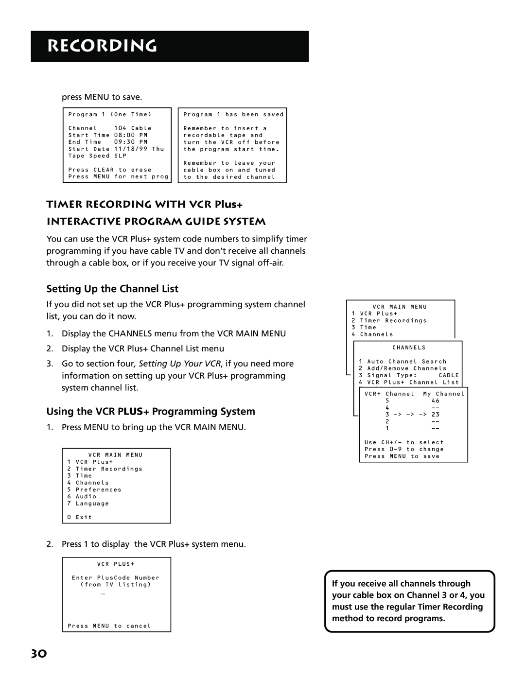 RCA VR646HF manual Timer Recording with VCR Plus+, Interactive Program Guide System, Setting Up the Channel List 