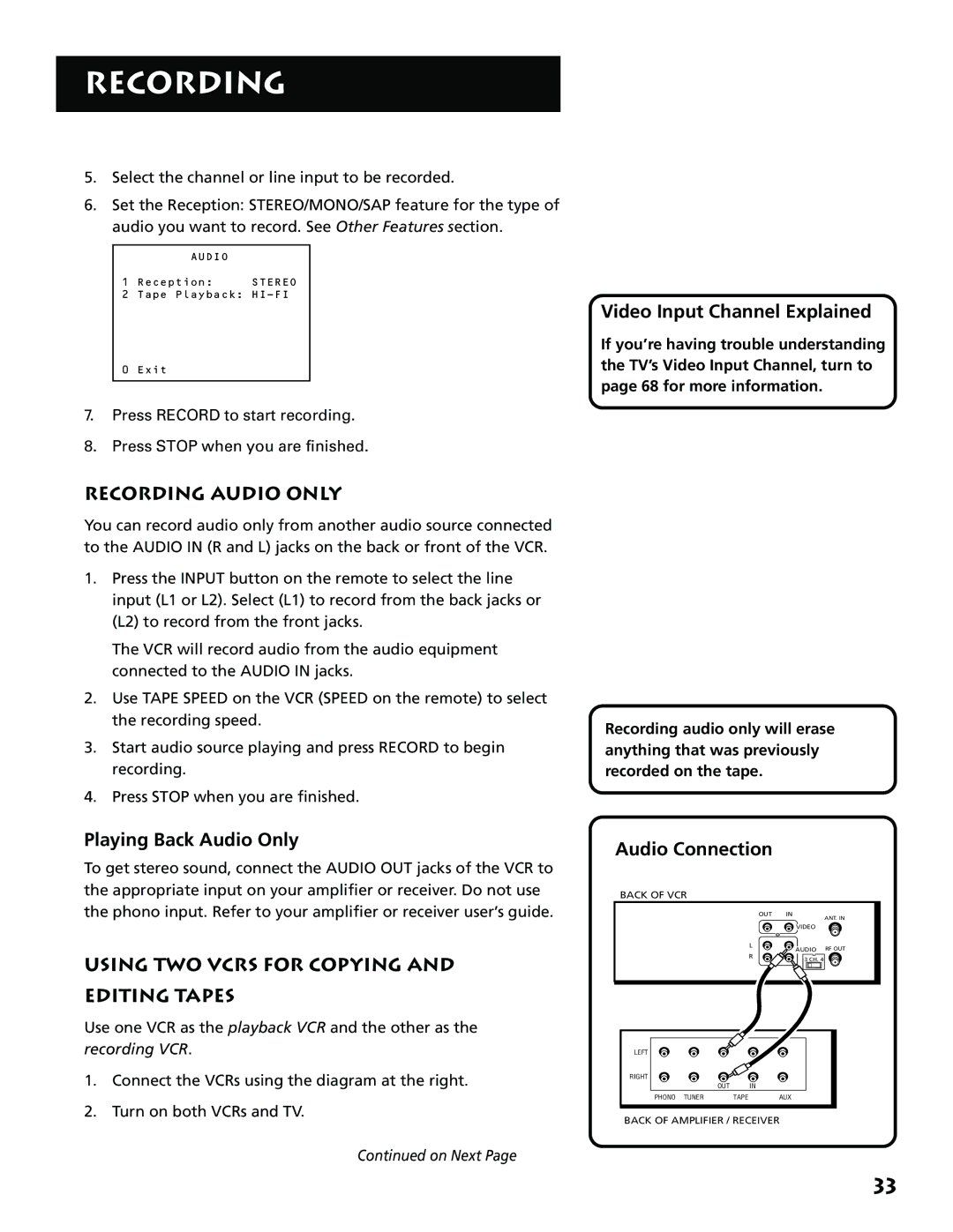 RCA VR646HF manual Video Input Channel Explained, Recording Audio only, Playing Back Audio Only, Audio Connection 