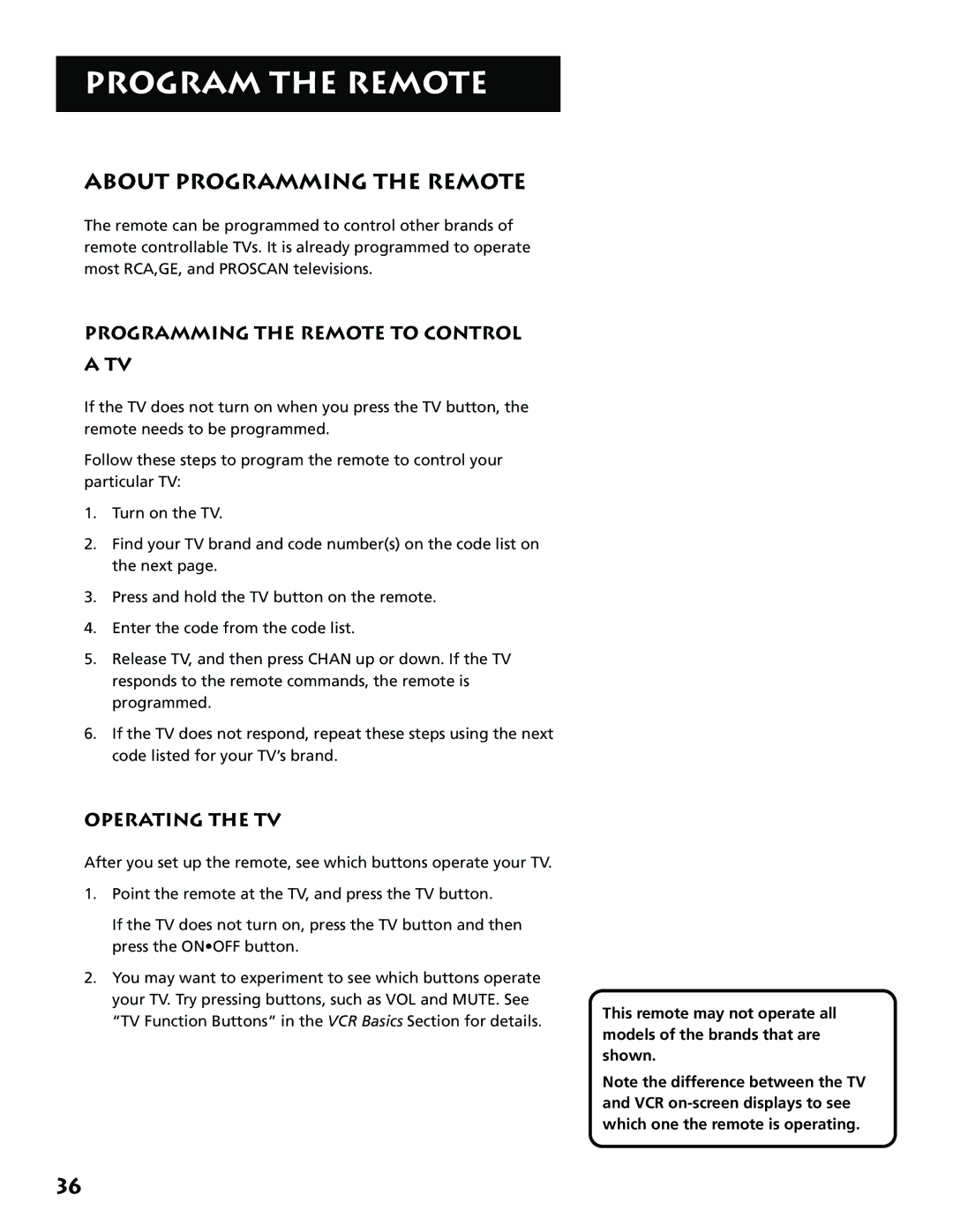 RCA VR646HF manual About Programming the Remote, Programming the Remote to Control, Operating the TV 