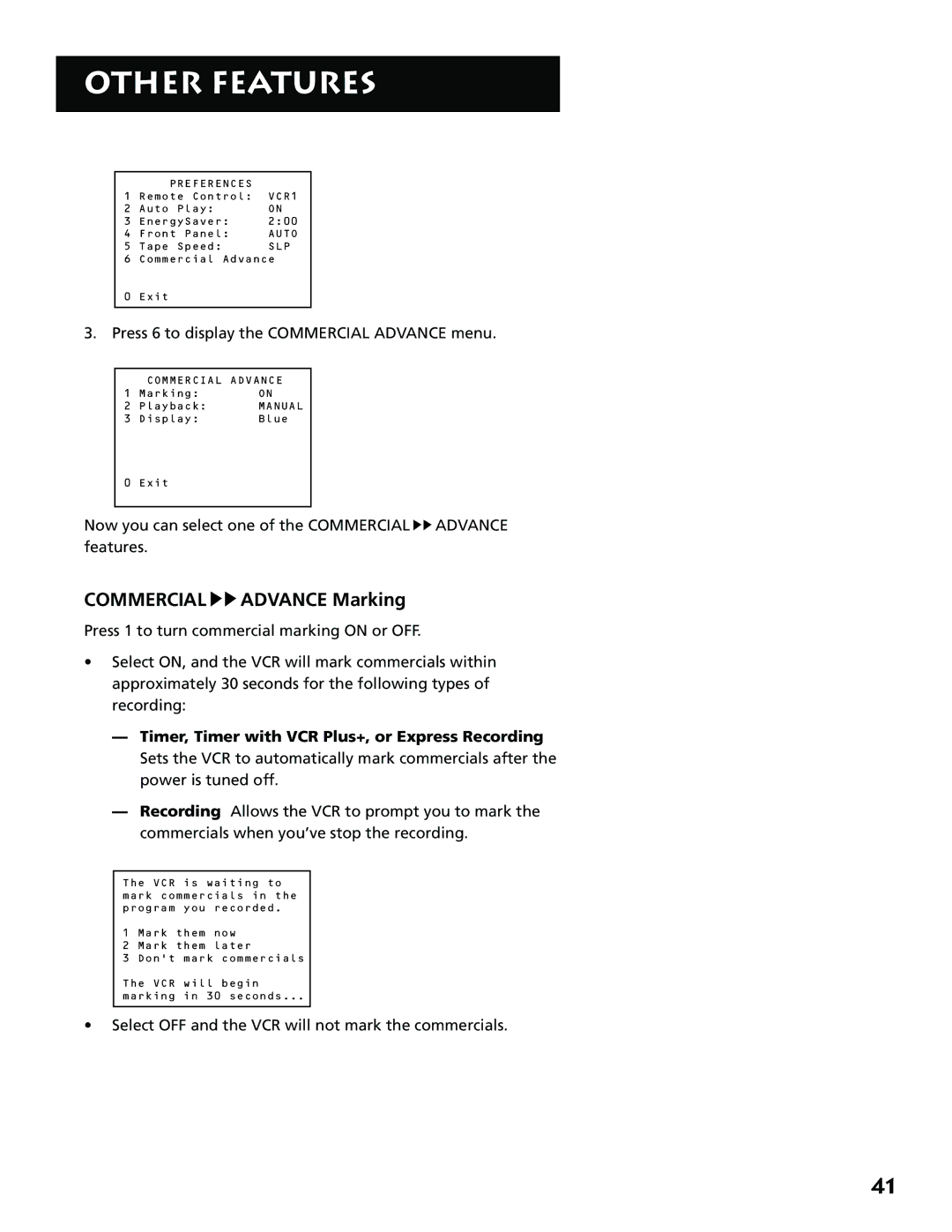 RCA VR646HF manual Commercial Advance Marking, Press 6 to display the Commercial Advance menu 