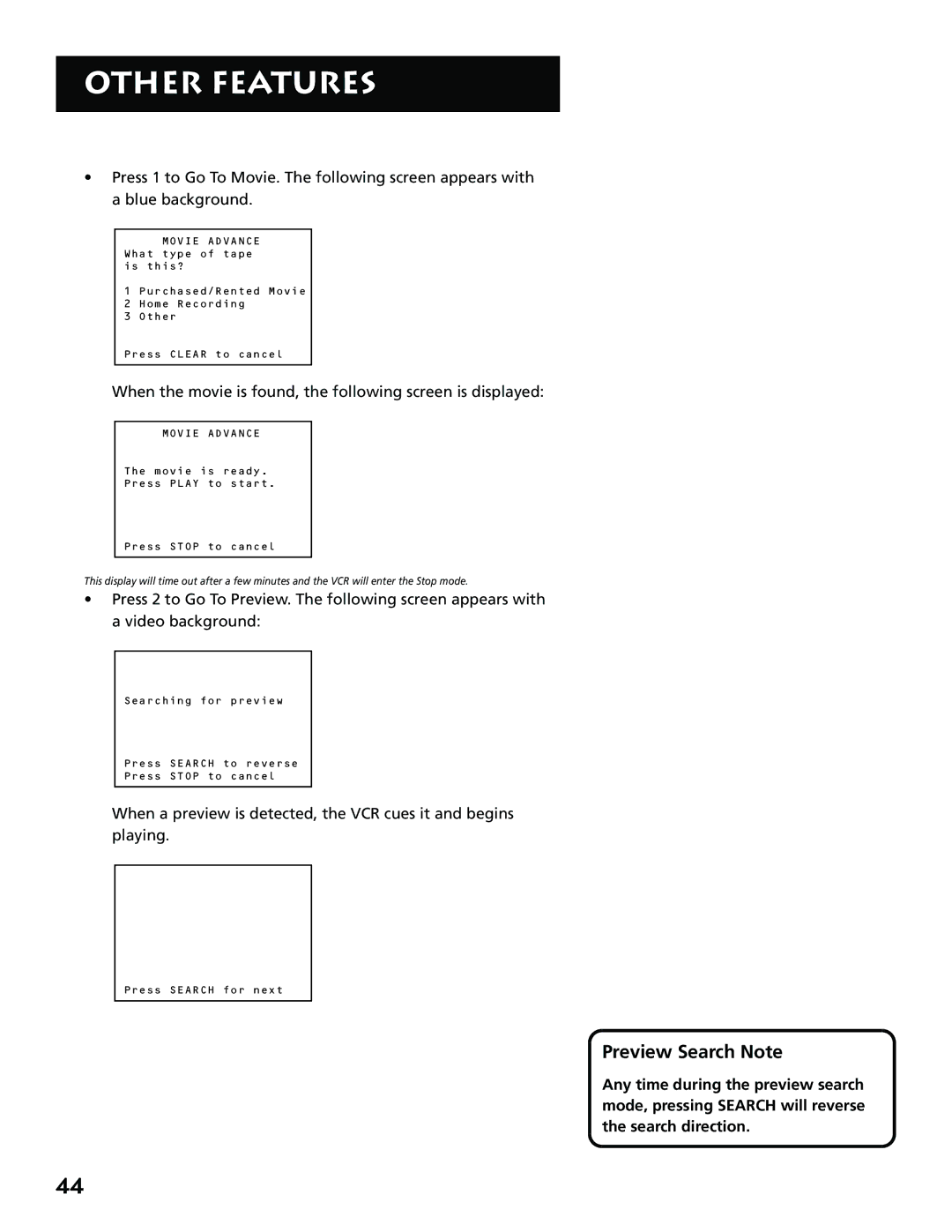 RCA VR646HF manual Preview Search Note, When the movie is found, the following screen is displayed, Search direction 