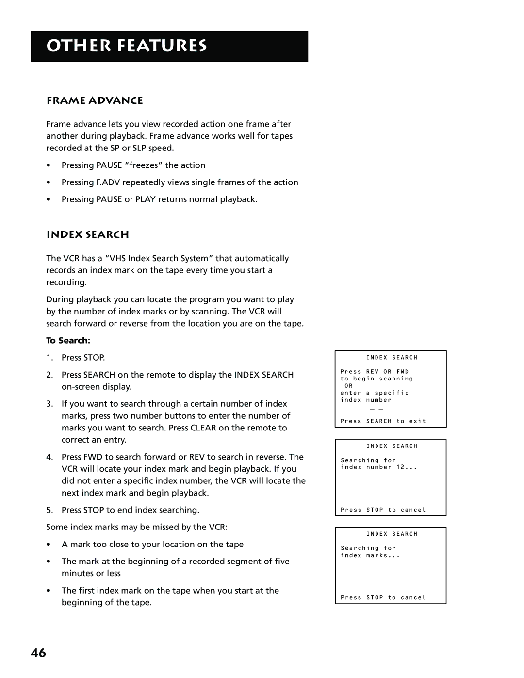 RCA VR646HF manual Frame Advance, Index Search, To Search 