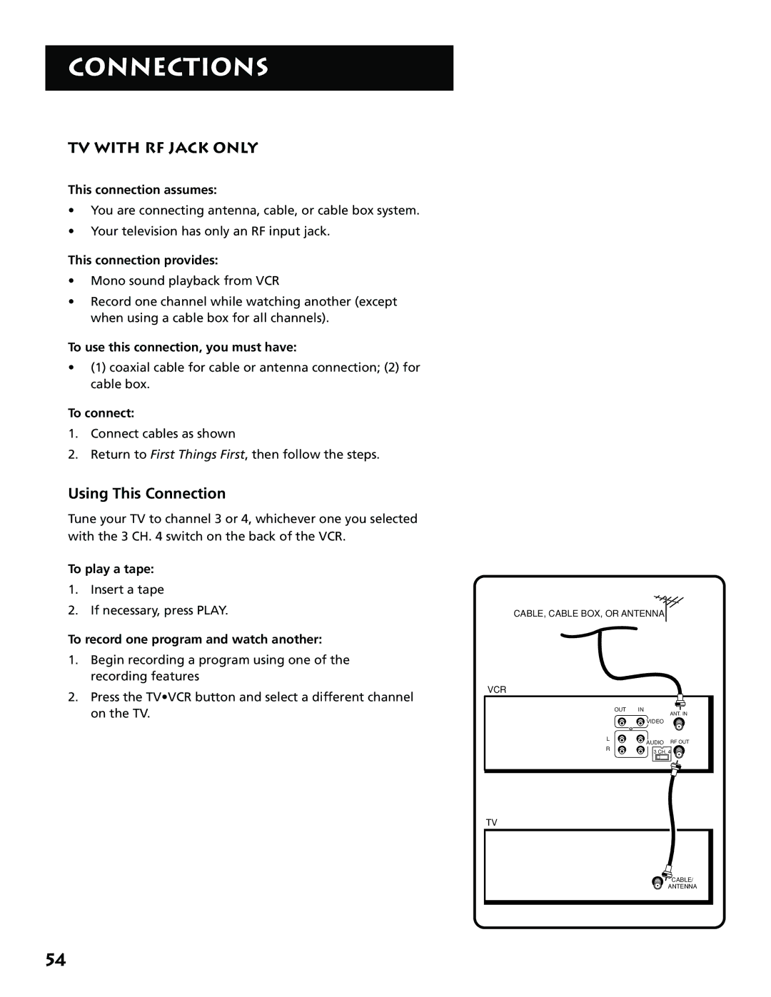 RCA VR646HF manual TV with RF Jack only, Using This Connection 