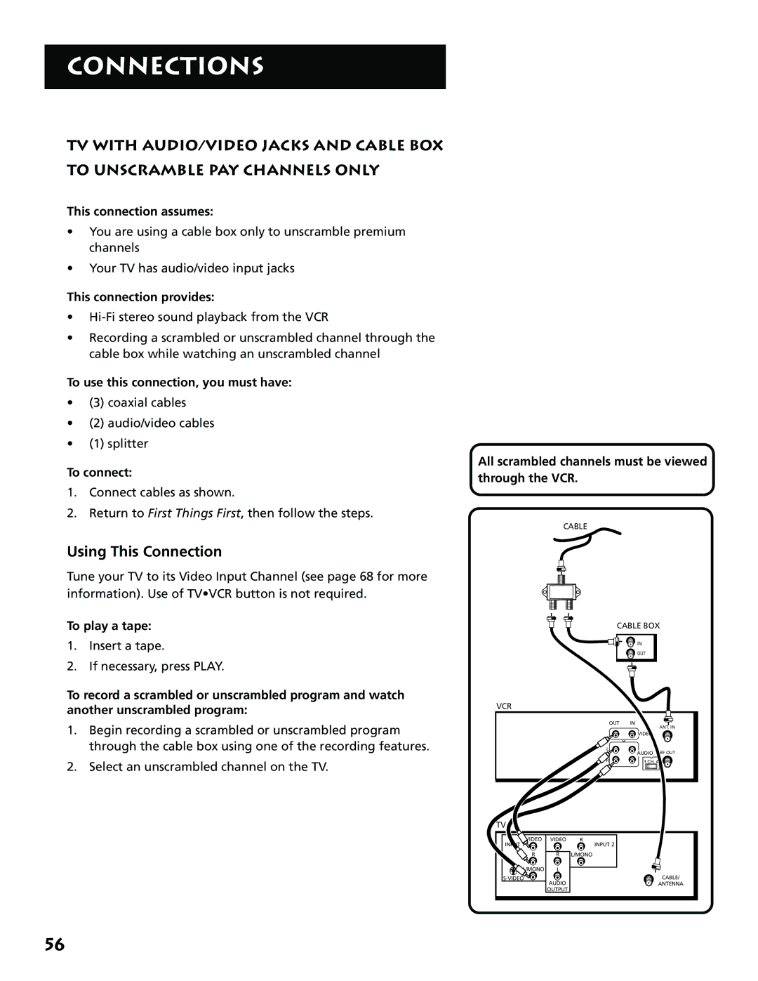 RCA VR646HF manual Coaxial cables Audio/video cables Splitter, All scrambled channels must be viewed through the VCR 