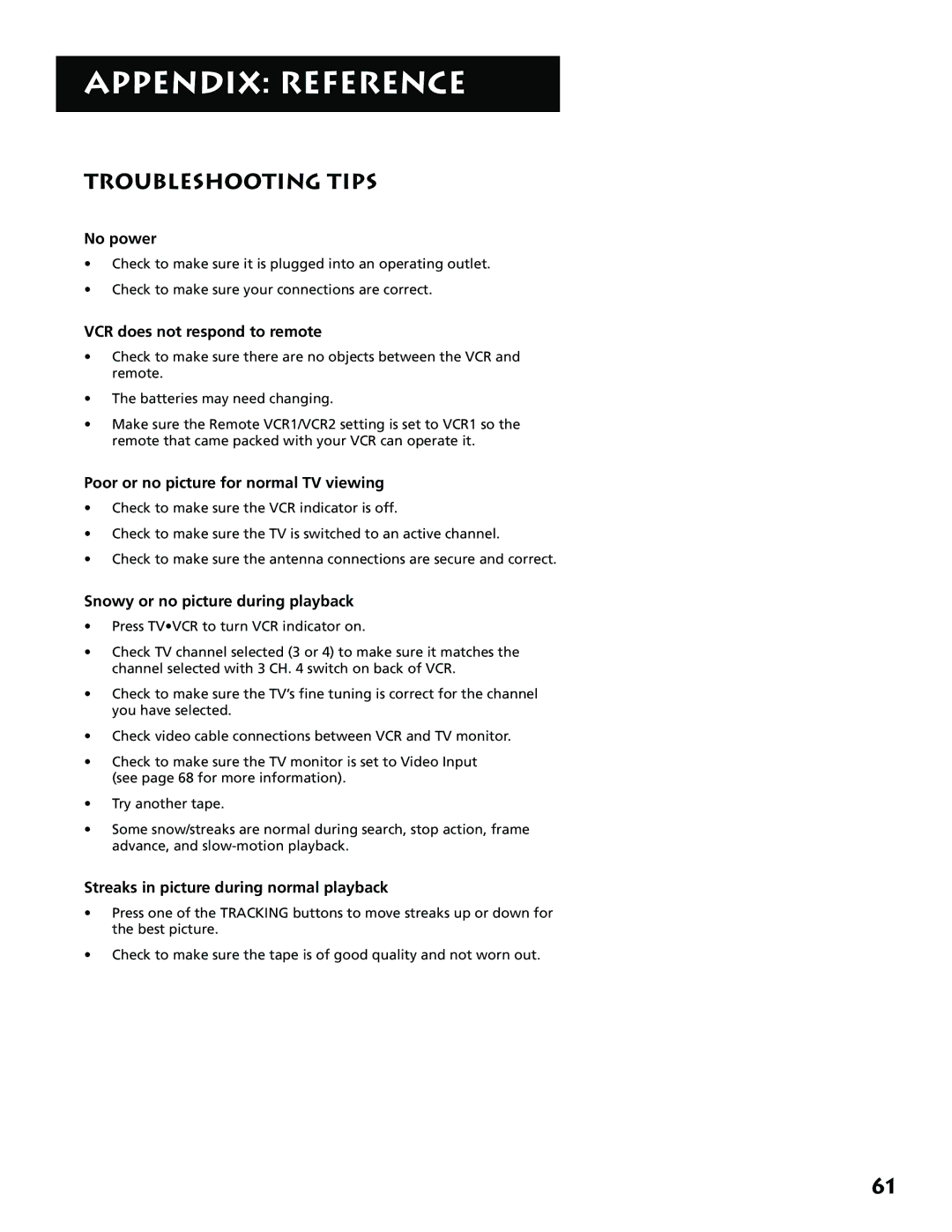 RCA VR646HF manual Troubleshooting Tips 