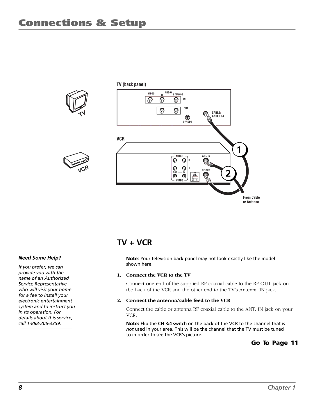 RCA VR651HF manual Go To, Connect the VCR to the TV, Connect the antenna/cable feed to the VCR 