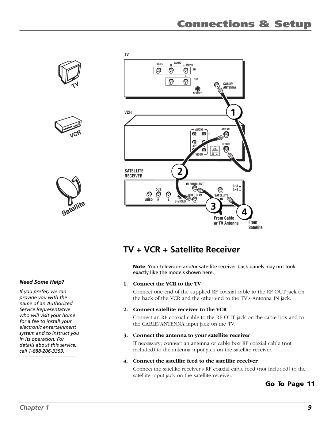 RCA VR651HF manual TV + VCR + Satellite Receiver, Connect satellite receiver to the VCR 