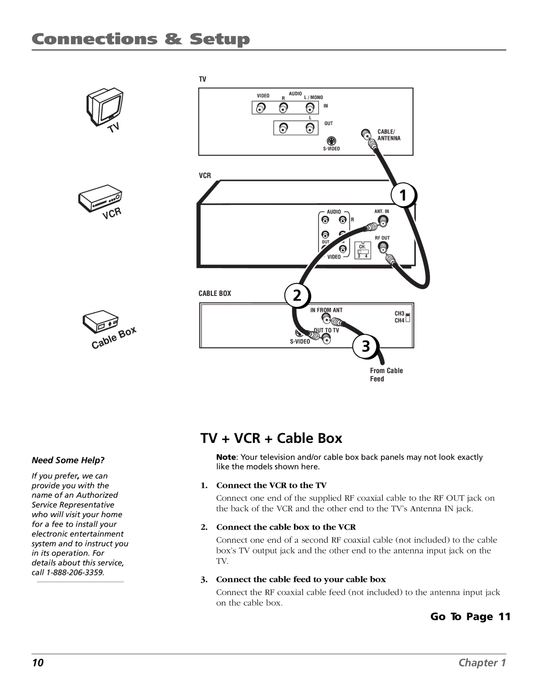 RCA VR651HF manual TV + VCR + Cable Box, Connect the cable box to the VCR, Connect the cable feed to your cable box 