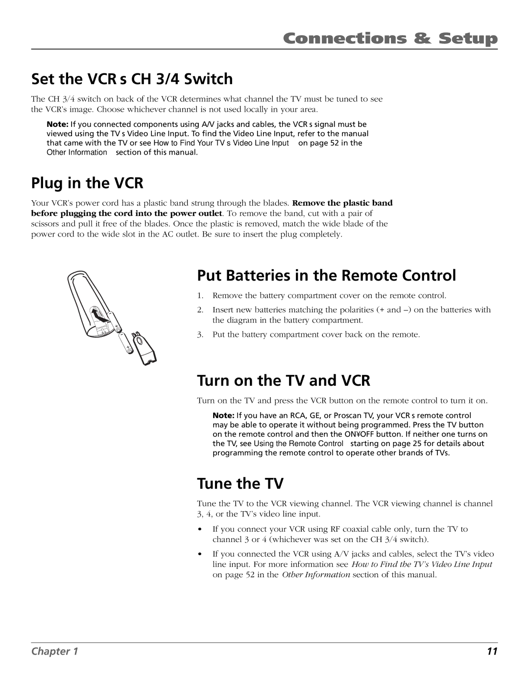 RCA VR651HF Set the VCR’s CH 3/4 Switch, Plug in the VCR, Put Batteries in the Remote Control, Turn on the TV and VCR 