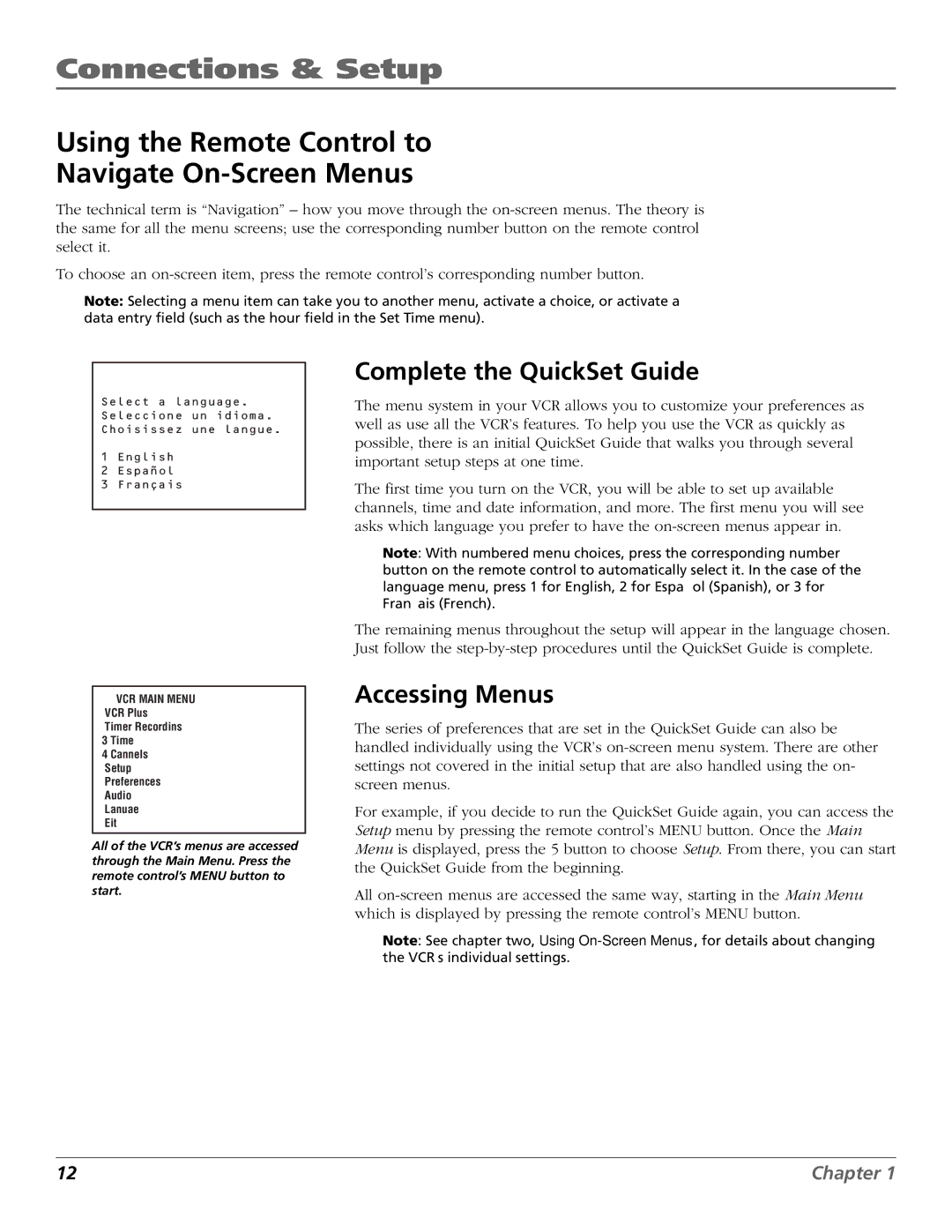 RCA VR651HF manual Using the Remote Control to Navigate On-Screen Menus, Complete the QuickSet Guide, Accessing Menus 